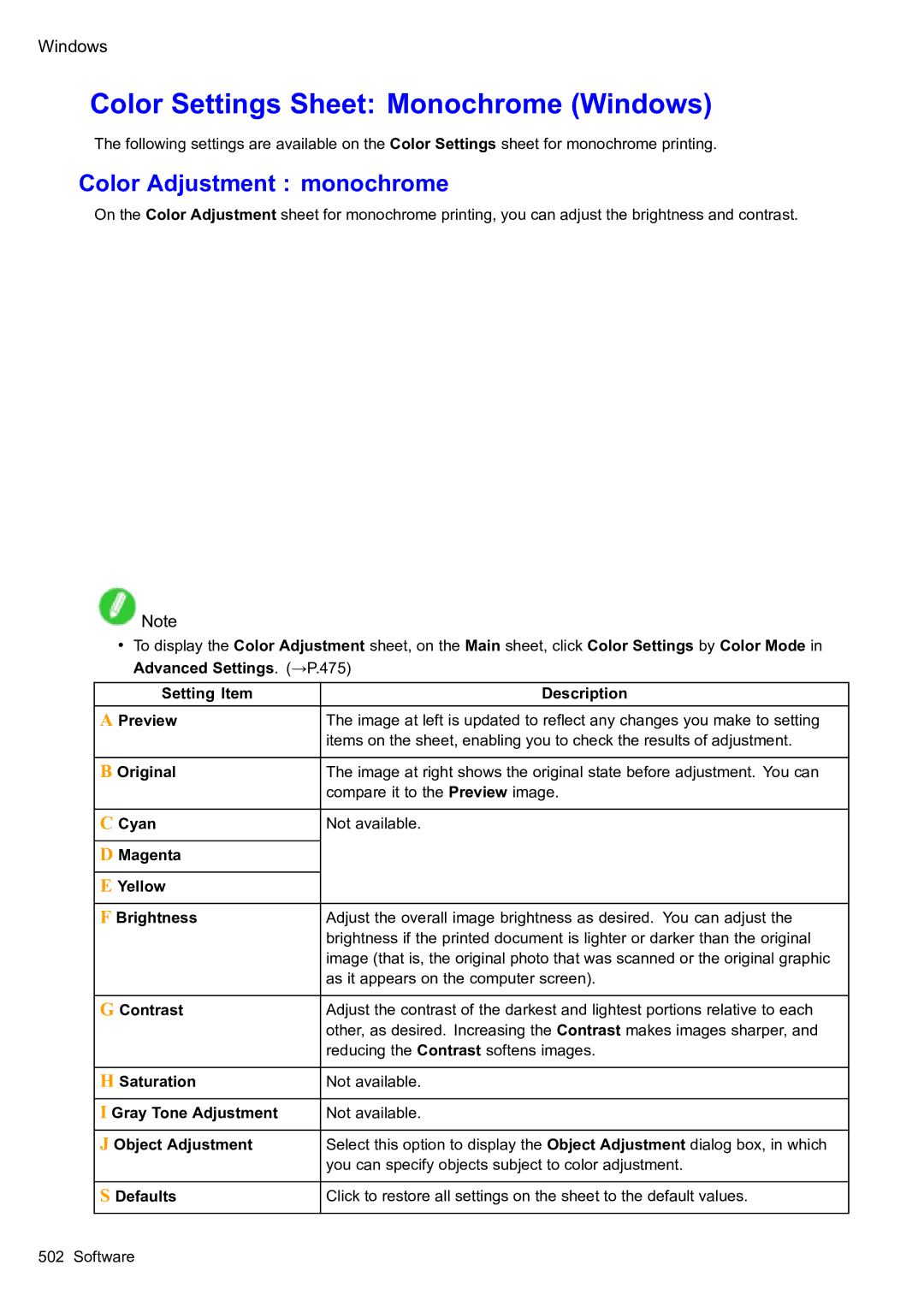 Canon 2159B002 user manual Color Settings Sheet Monochrome Windows, Color Adjustment monochrome 