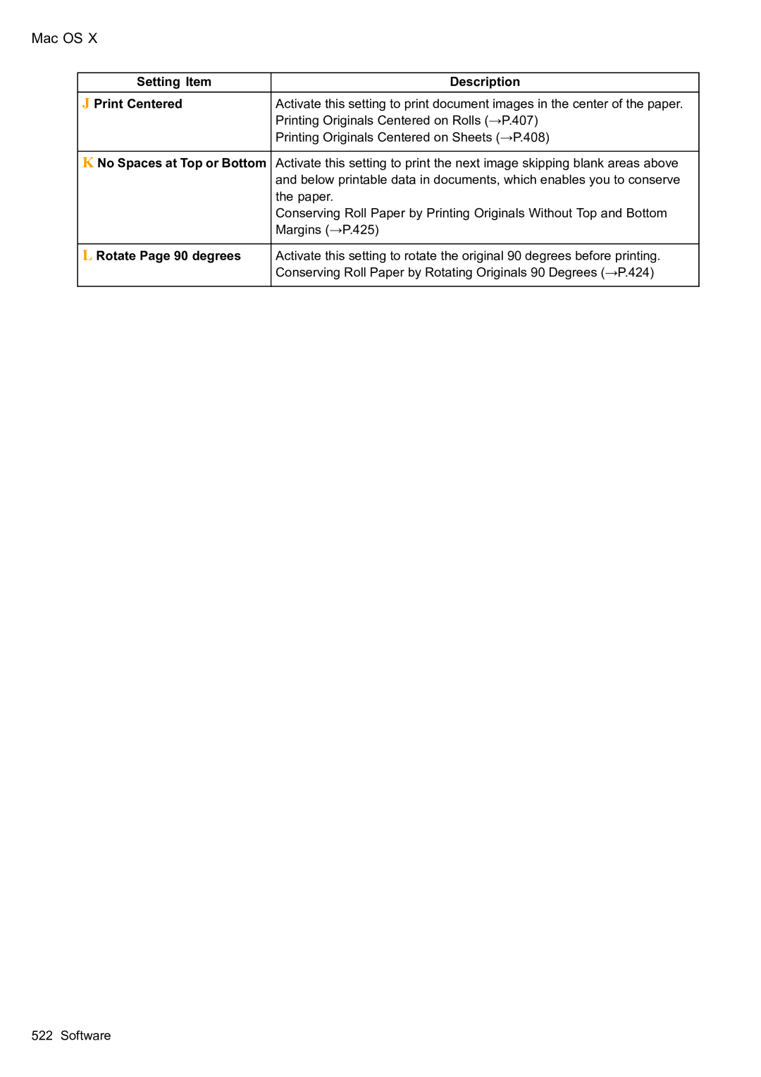 Canon 2159B002 user manual Setting Item Description Print Centered, No Spaces at Top or Bottom 