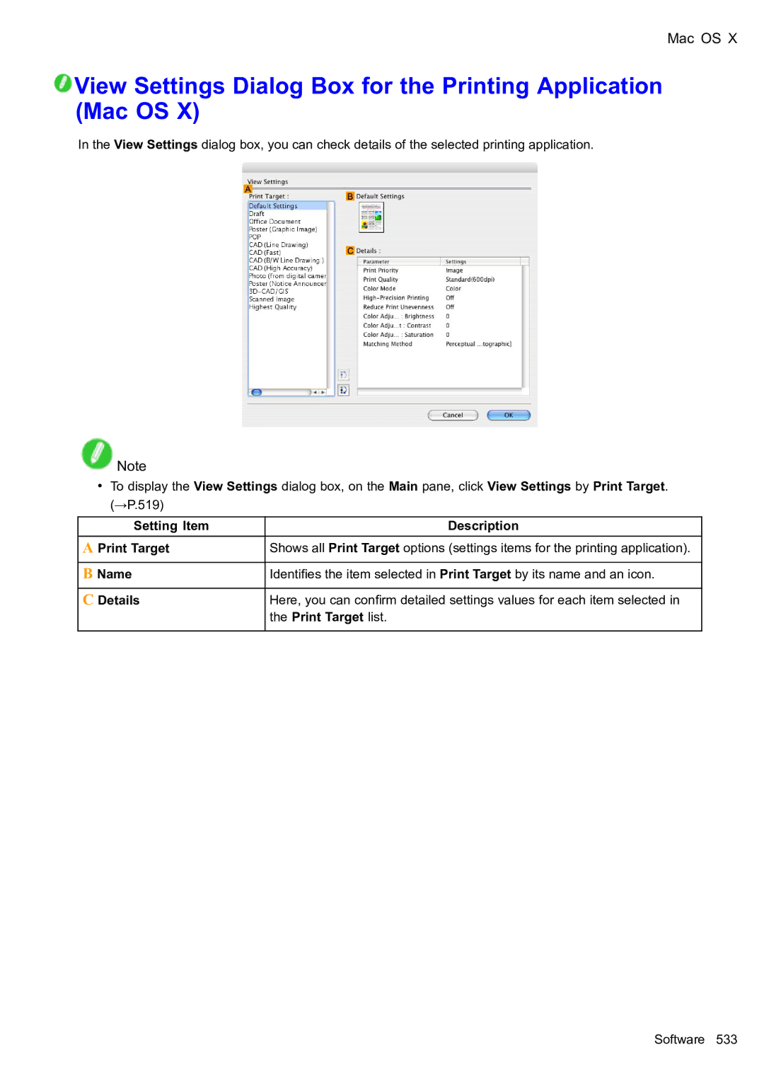 Canon 2159B002 user manual View Settings Dialog Box for the Printing Application Mac OS 