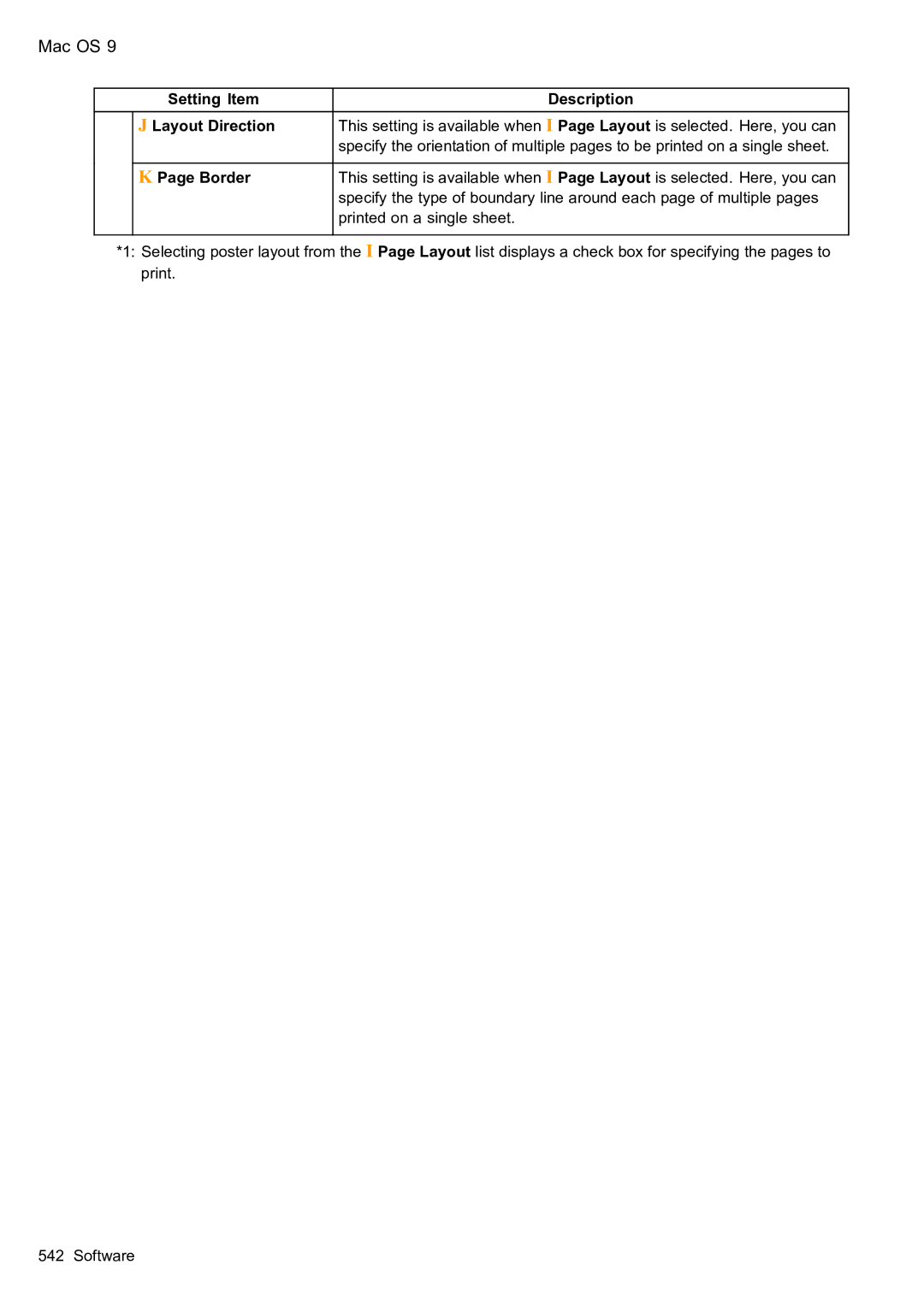 Canon 2159B002 user manual Setting Item Description Layout Direction, Border 