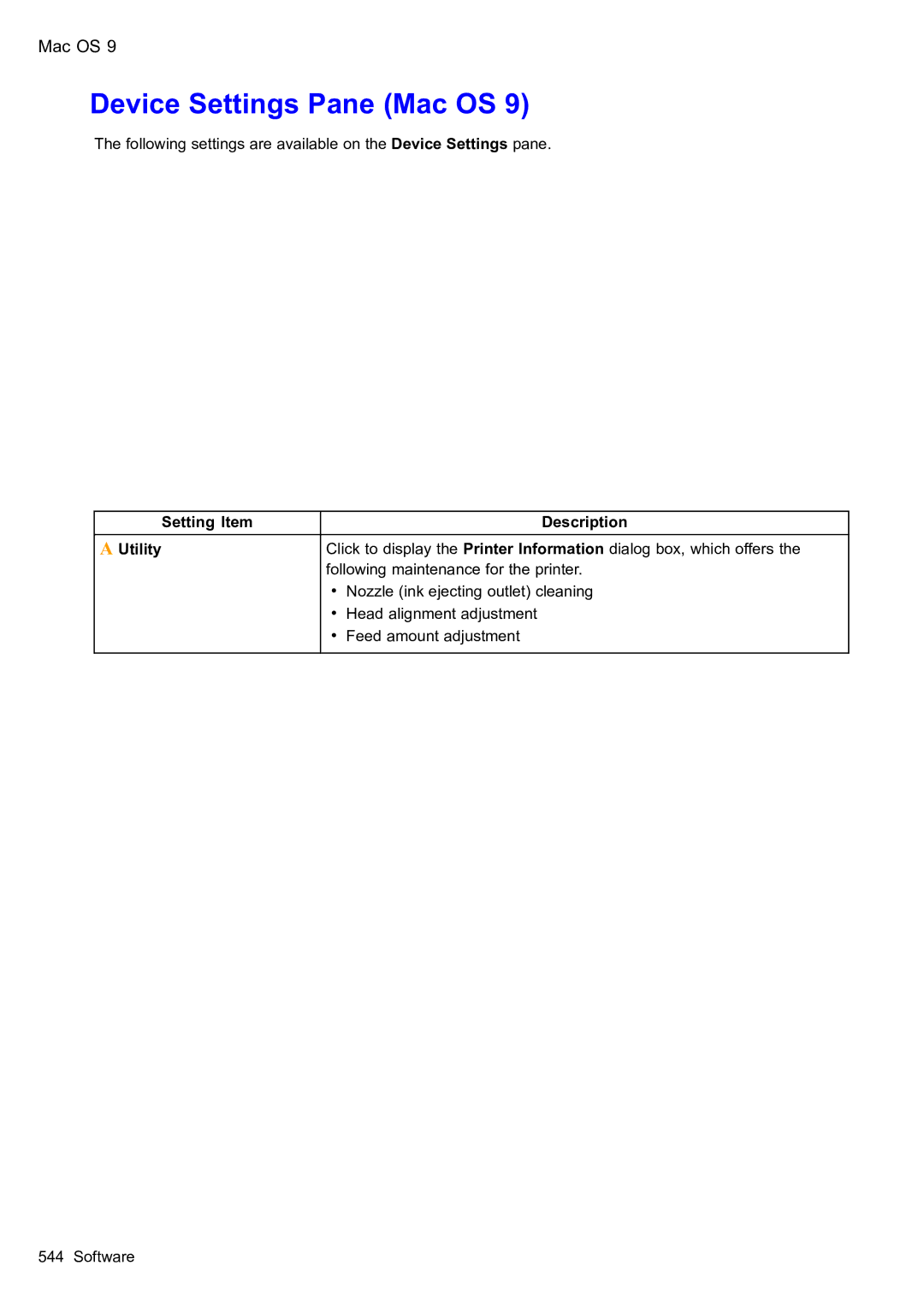 Canon 2159B002 user manual Device Settings Pane Mac OS, Setting Item Description Utility 