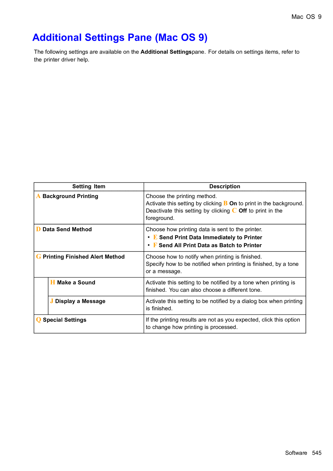 Canon 2159B002 user manual Setting Item Description Background Printing, Printing Finished Alert Method, Make a Sound 