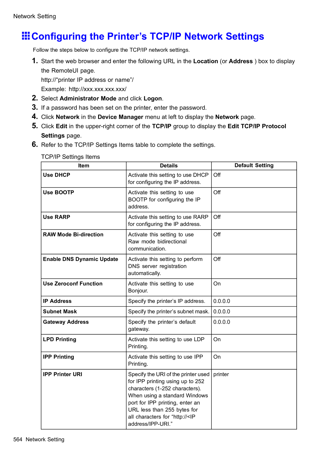 Canon 2159B002 user manual Conguring the Printer’s TCP/IP Network Settings 