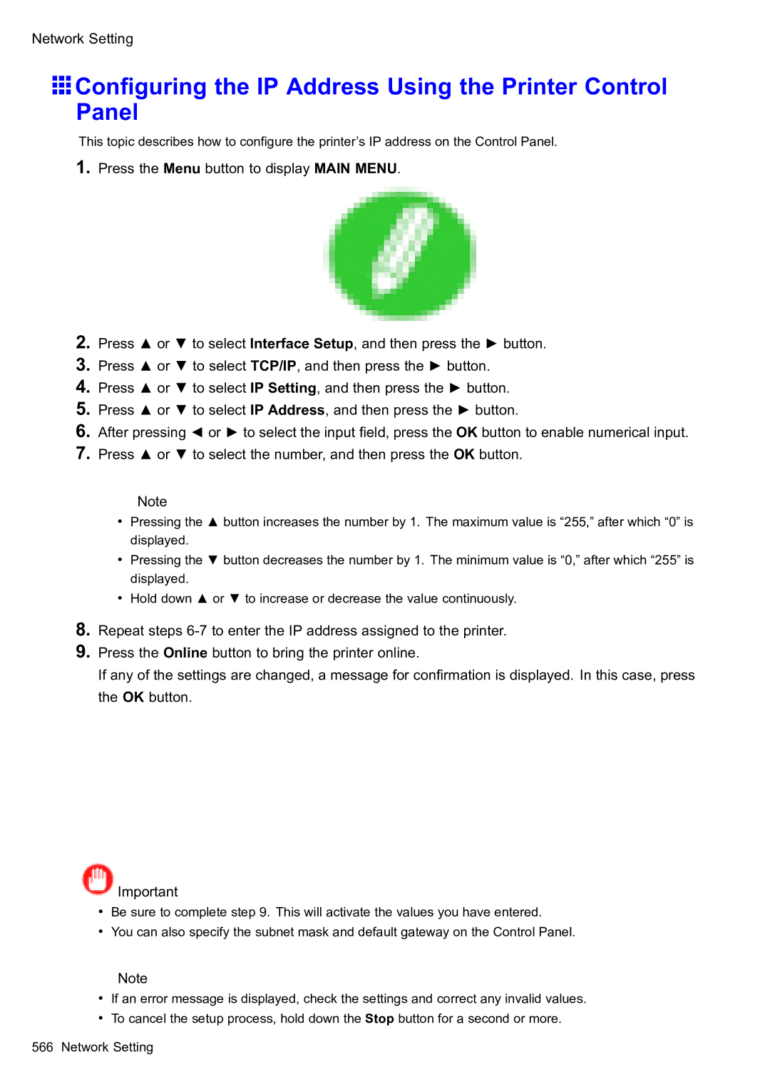 Canon 2159B002 user manual Conguring the IP Address Using the Printer Control Panel 