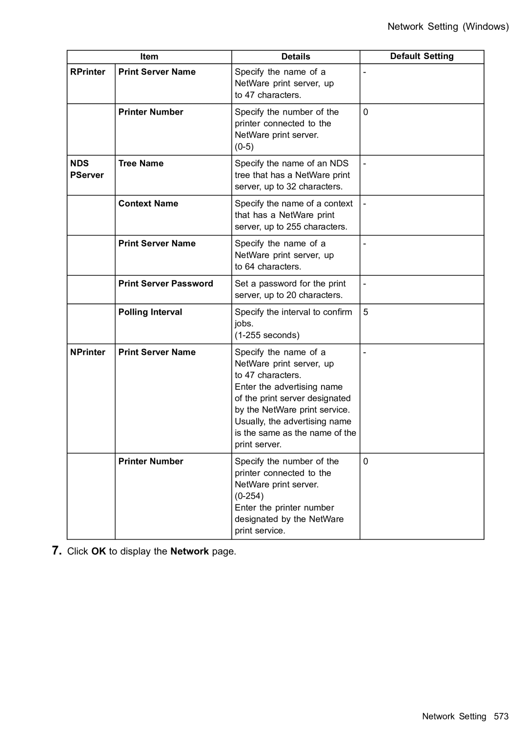 Canon 2159B002 user manual Details Default Setting RPrinter Print Server Name, Printer Number, Tree Name, Context Name 