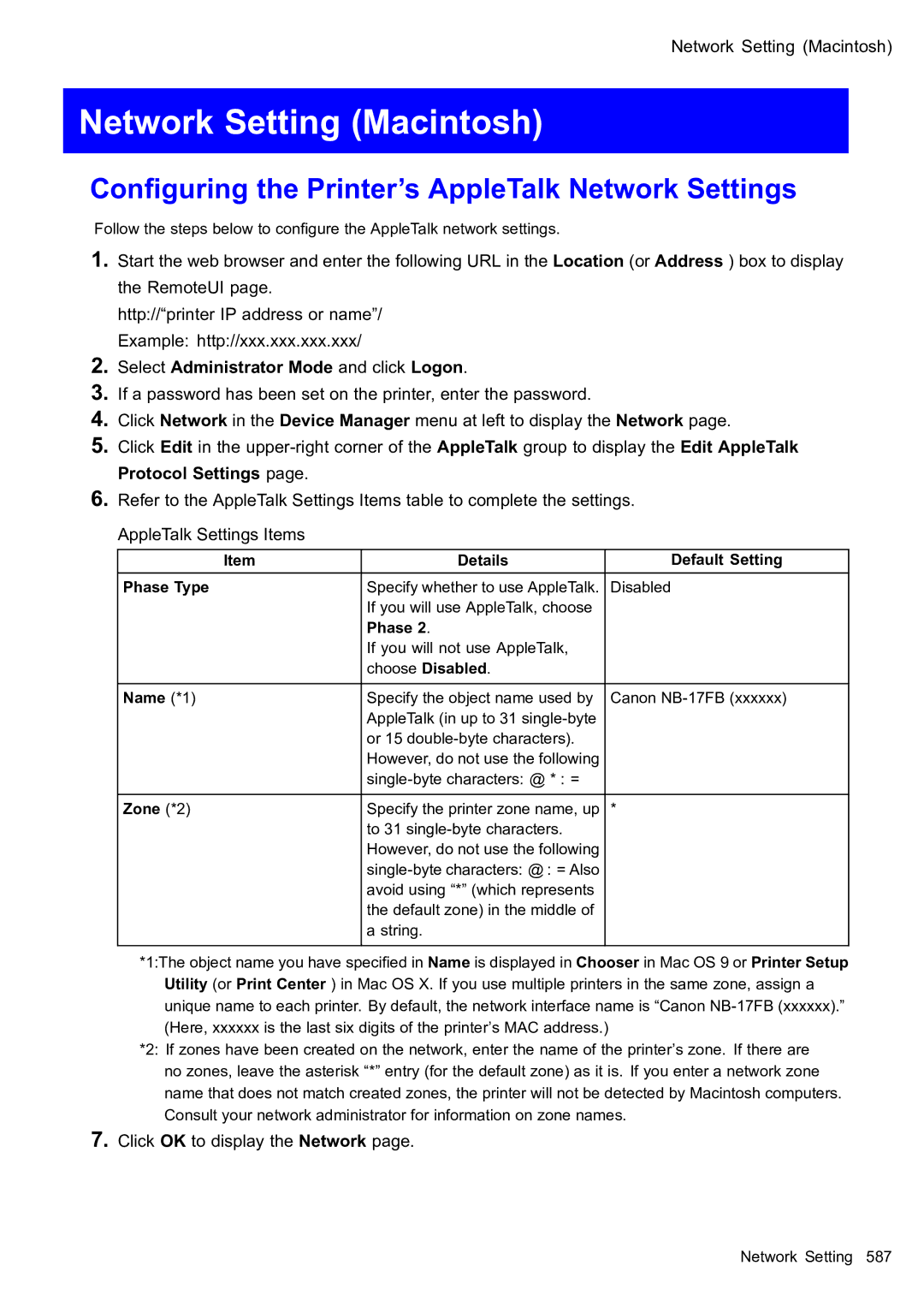 Canon 2159B002 user manual Network Setting Macintosh, Conguring the Printer’s AppleTalk Network Settings 