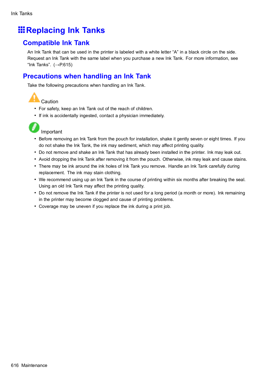 Canon 2159B002 user manual Replacing Ink Tanks, Compatible Ink Tank, Precautions when handling an Ink Tank 