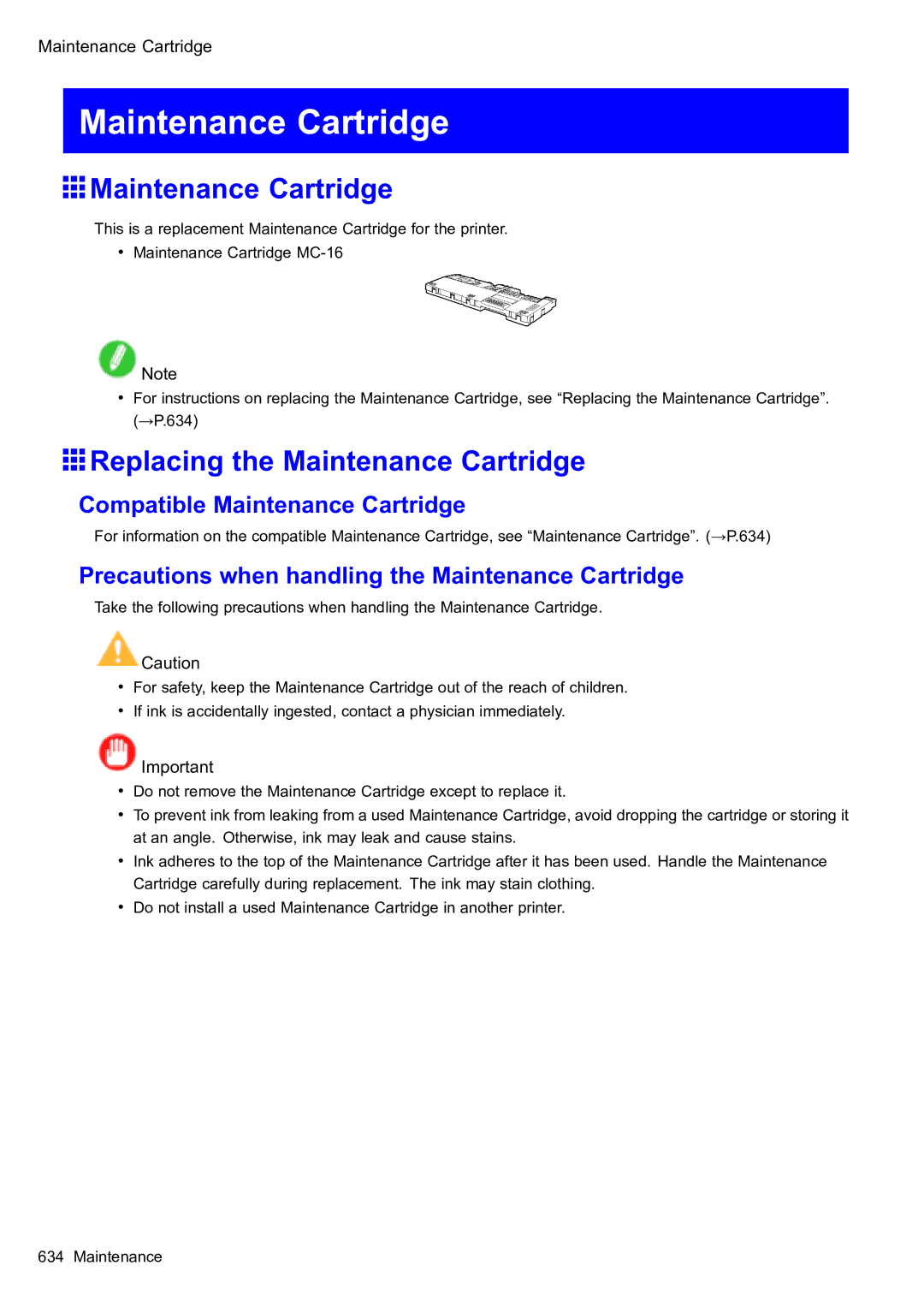 Canon 2159B002 user manual Replacing the Maintenance Cartridge, Compatible Maintenance Cartridge 