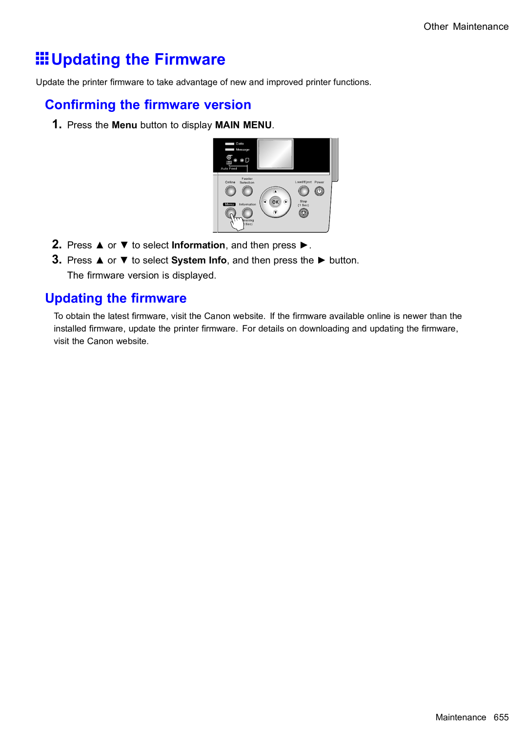 Canon 2159B002 user manual Updating the Firmware, Conrming the rmware version, Updating the rmware 