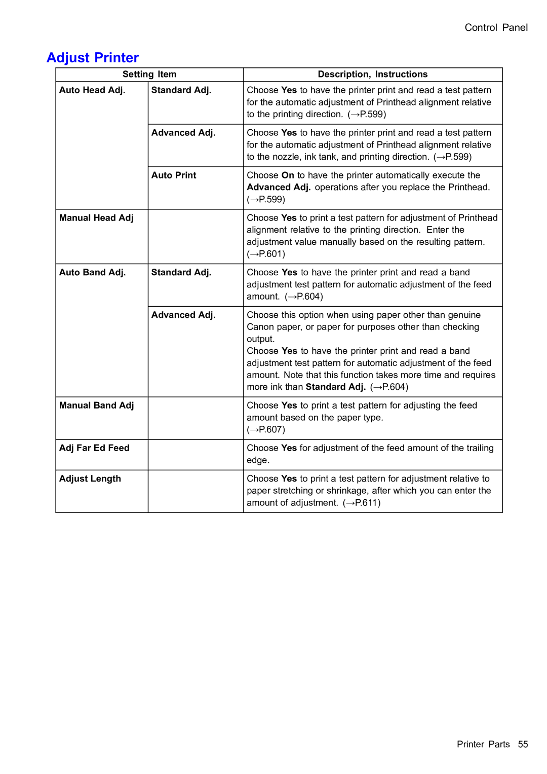 Canon 2159B002 user manual Adjust Printer, Auto Band Adj Standard Adj 