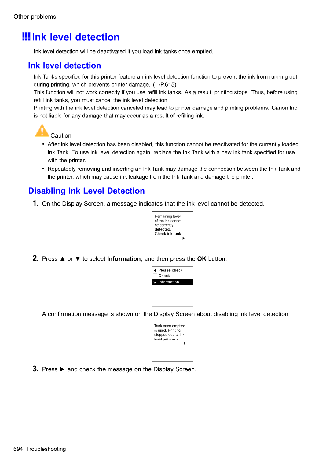 Canon 2159B002 user manual Ink level detection, Disabling Ink Level Detection 