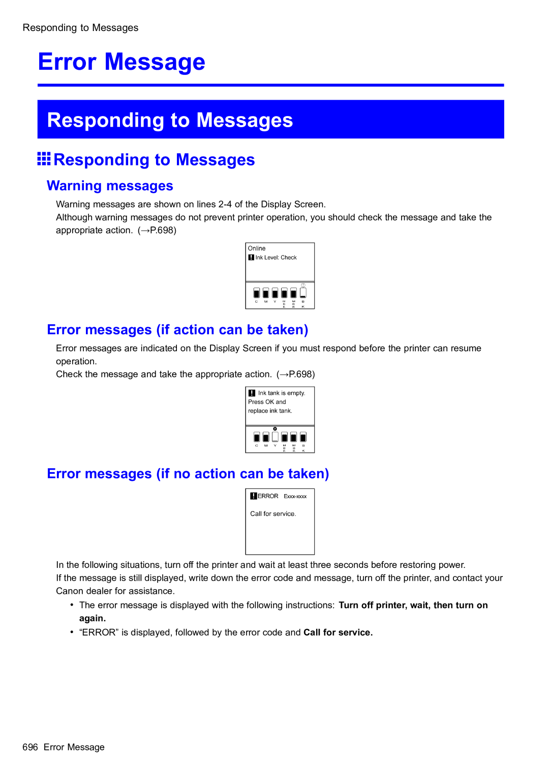 Canon 2159B002 Responding to Messages, Error messages if action can be taken, Error messages if no action can be taken 