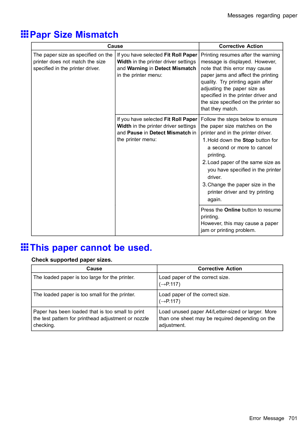 Canon 2159B002 Papr Size Mismatch, This paper cannot be used, Check supported paper sizes, Pause in Detect Mismatch 