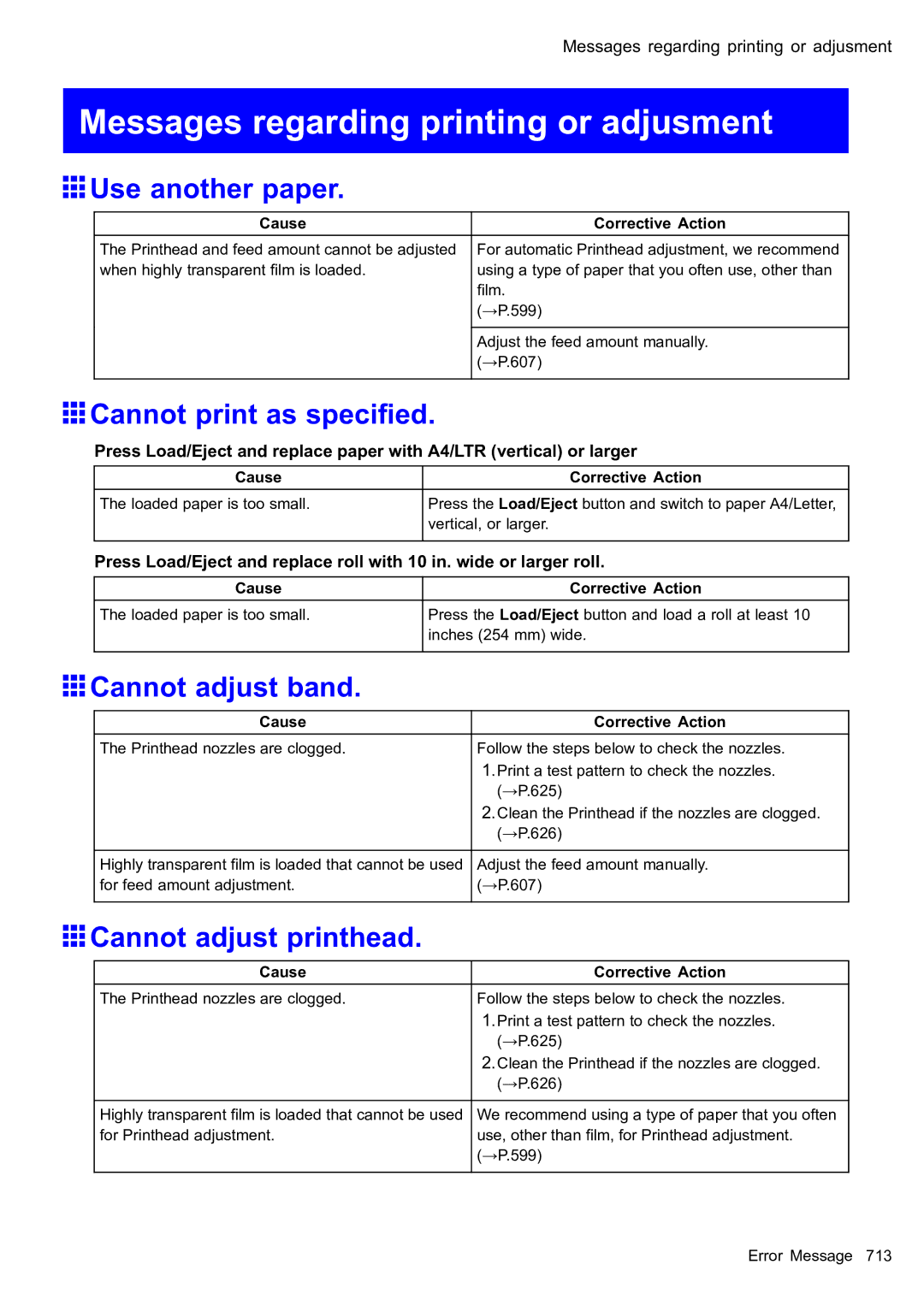 Canon 2159B002 Messages regarding printing or adjusment, Use another paper, Cannot print as specied, Cannot adjust band 