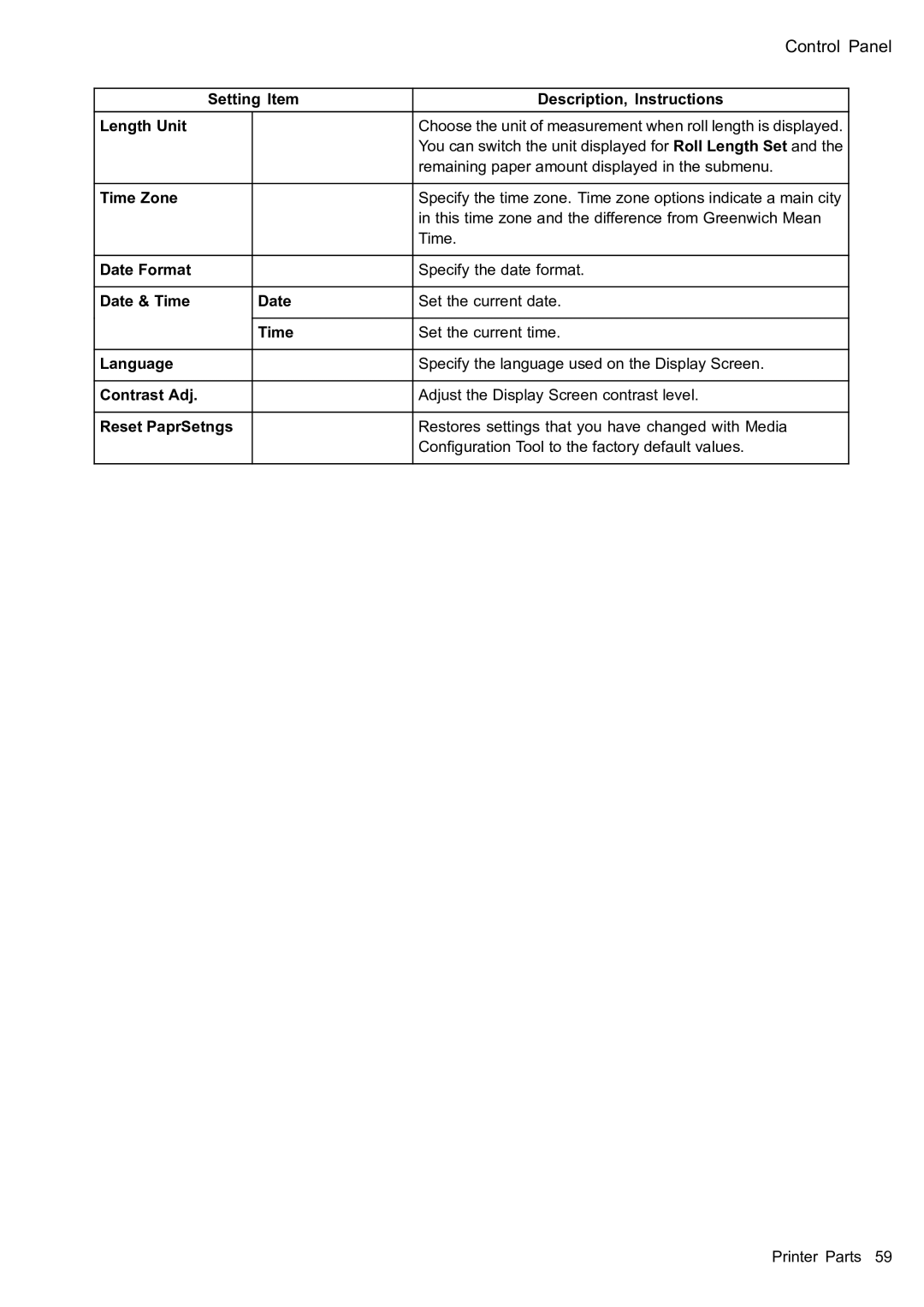 Canon 2159B002 user manual Setting Item Description, Instructions Length Unit, Time 