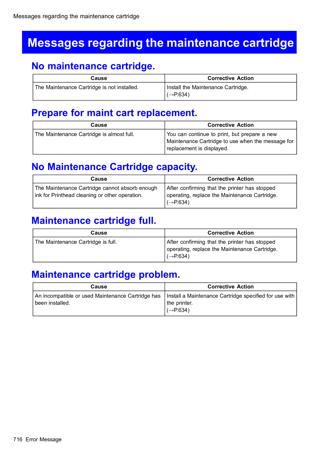 Canon 2159B002 user manual Messages regarding the maintenance cartridge 