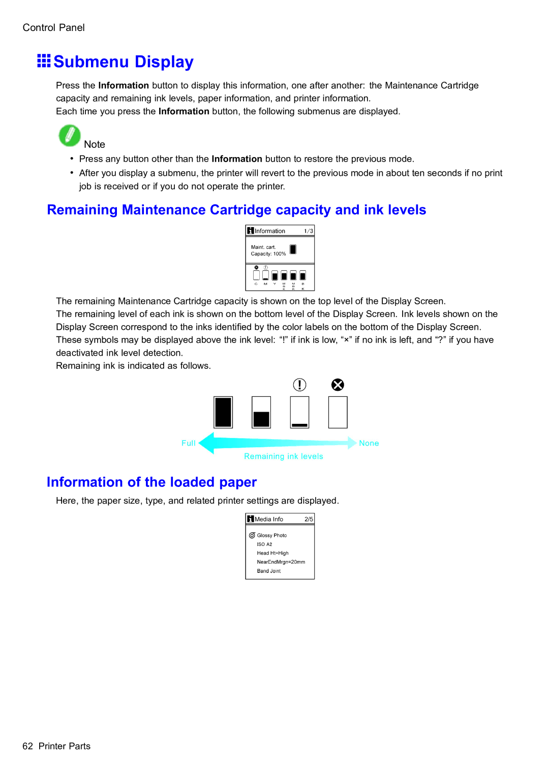 Canon 2159B002 Submenu Display, Remaining Maintenance Cartridge capacity and ink levels, Information of the loaded paper 