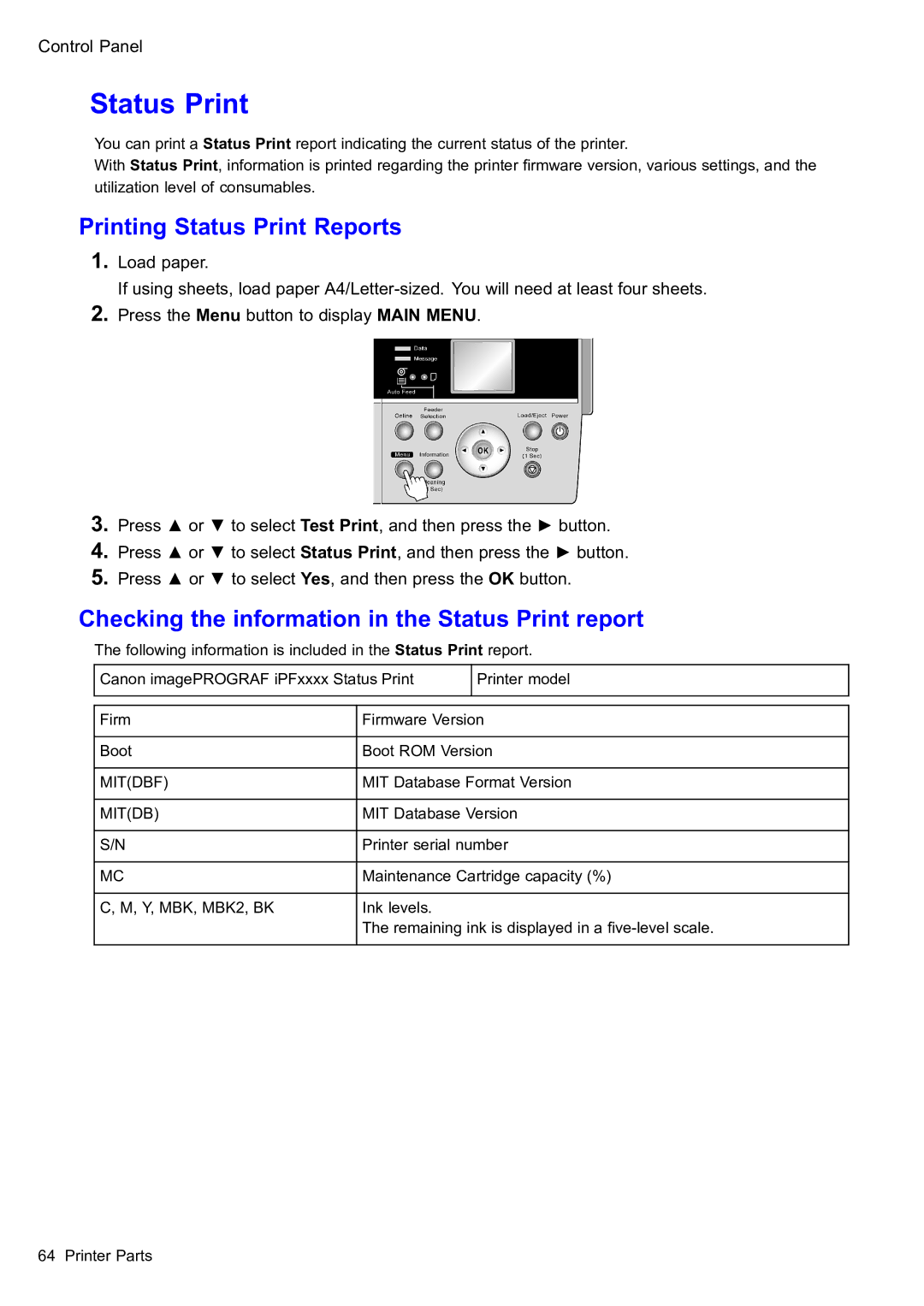 Canon 2159B002 user manual Printing Status Print Reports, Checking the information in the Status Print report 