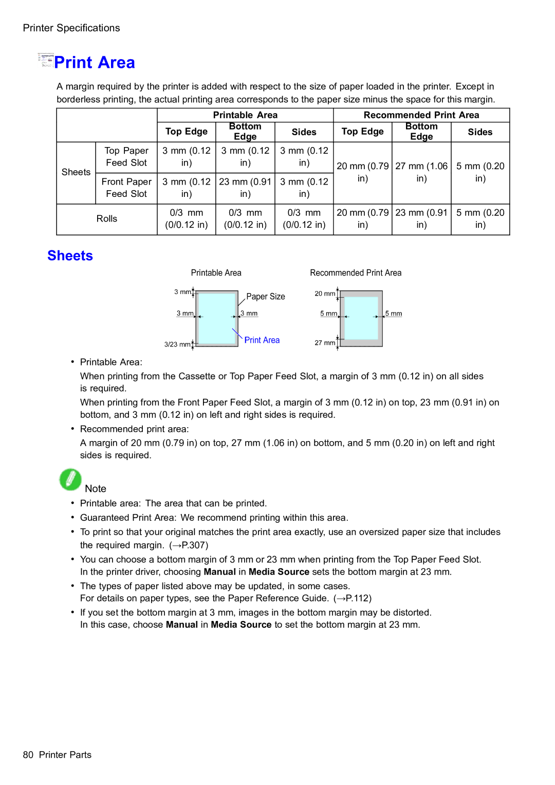 Canon 2159B002 user manual Sheets, Printable Area Recommended Print Area Top Edge Bottom Sides 