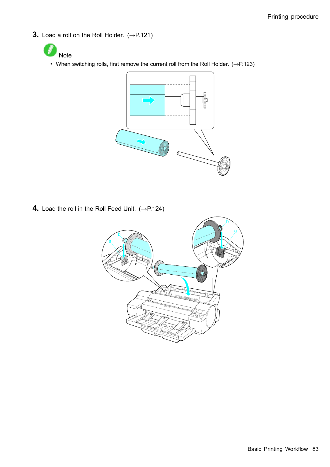 Canon 2159B002 Printing procedure Load a roll on the Roll Holder. →P.121, Load the roll in the Roll Feed Unit. →P.124 