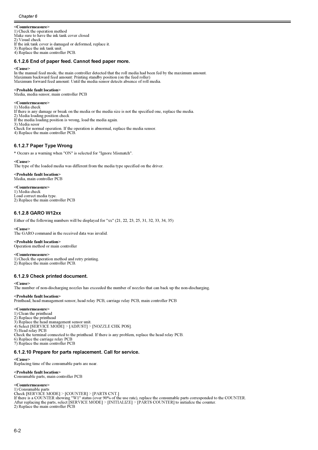 Canon 2163B002 End of paper feed. Cannot feed paper more, Paper Type Wrong, Garo W12xx, Check printed document 