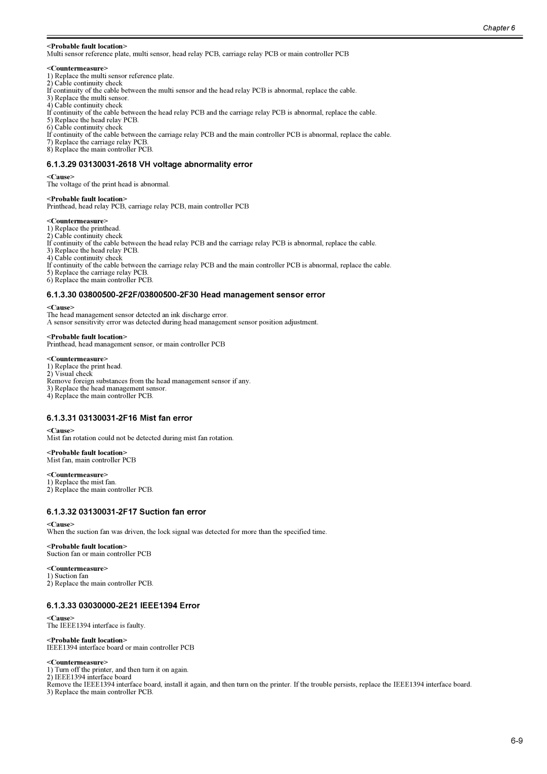 Canon 2163B002 service manual 3.29 03130031-2618 VH voltage abnormality error, 3.31 03130031-2F16 Mist fan error 