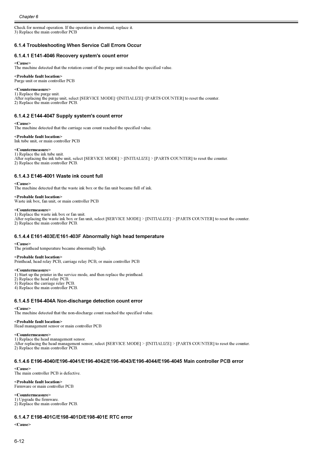 Canon 2163B002 service manual 4.2 E144-4047 Supply systems count error, 4.3 E146-4001 Waste ink count full 