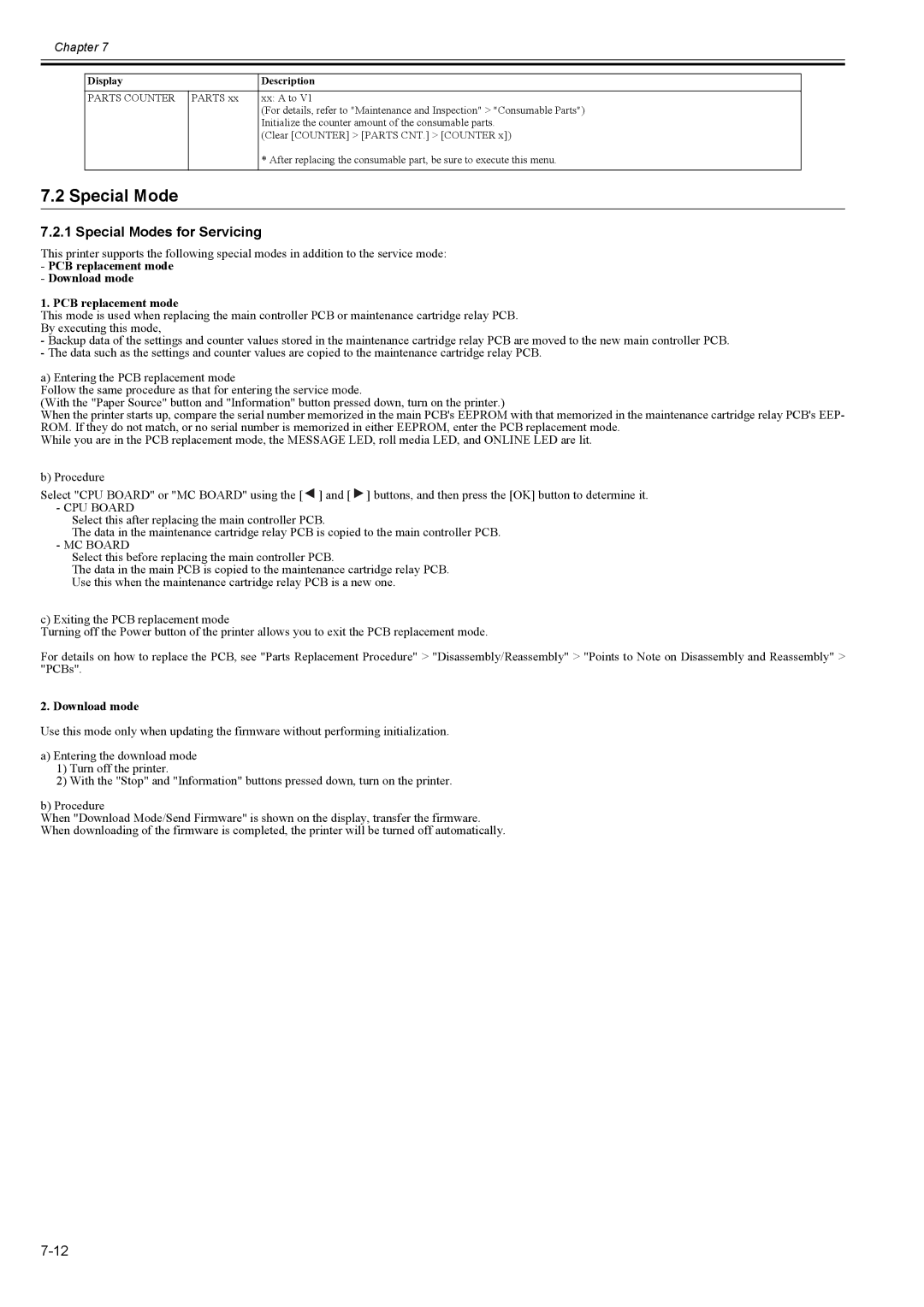 Canon 2163B002 service manual Special Modes for Servicing, PCB replacement mode Download mode 