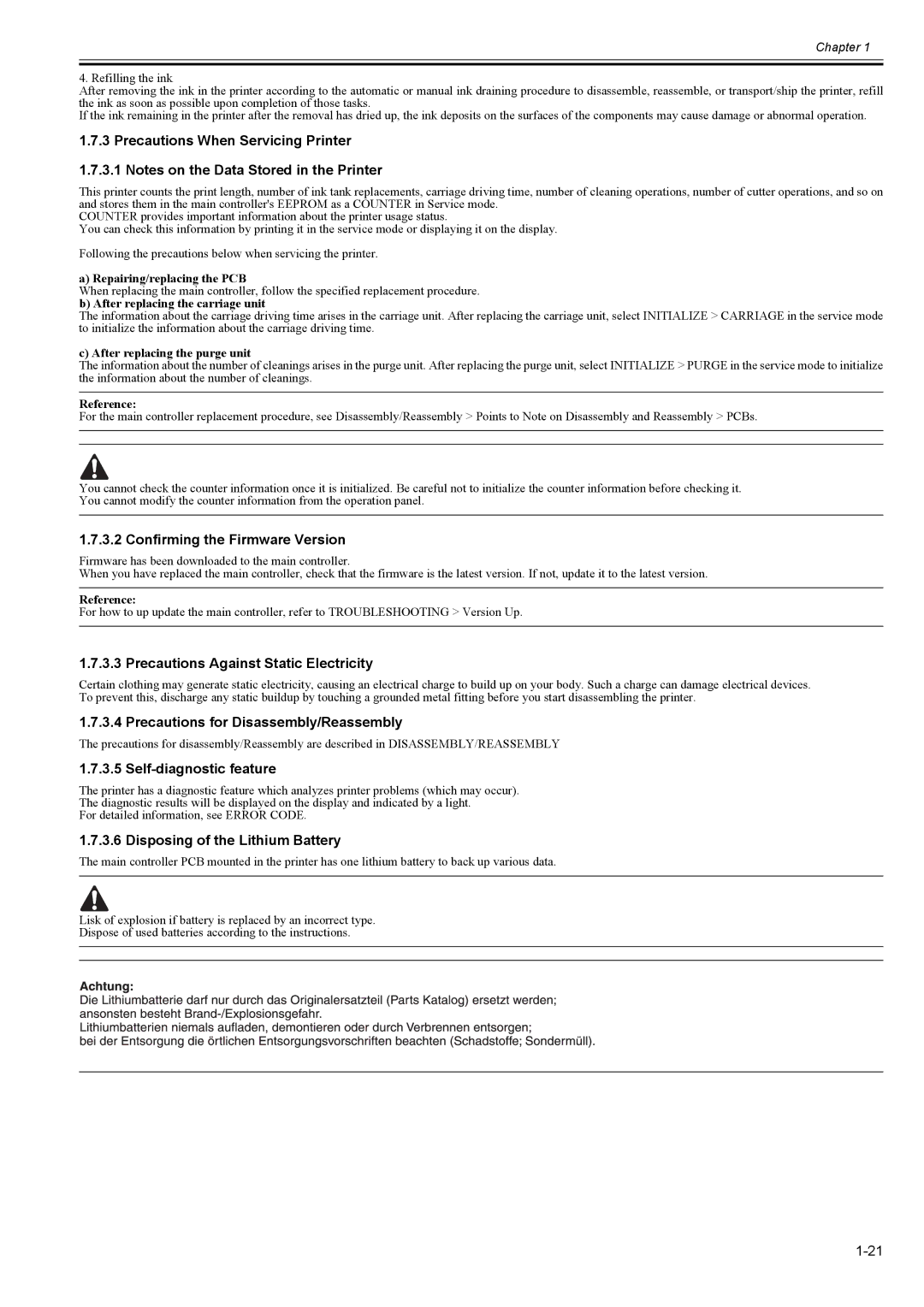 Canon 2163B002 Precautions When Servicing Printer, Confirming the Firmware Version, Precautions Against Static Electricity 