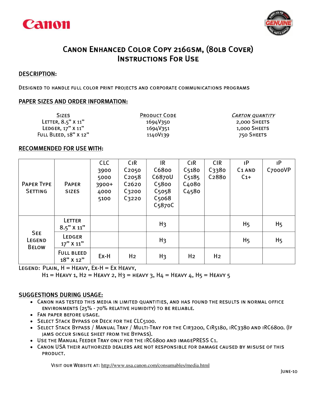 Canon 216GSM manual Description, Paper Sizes and Order Information, Recommended for USE with, Suggestions During Usage 