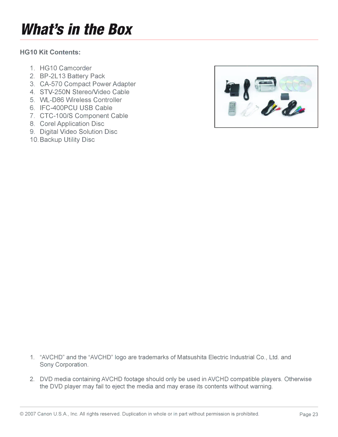 Canon 2183B001 manual What’s in the Box, HG10 Kit Contents 