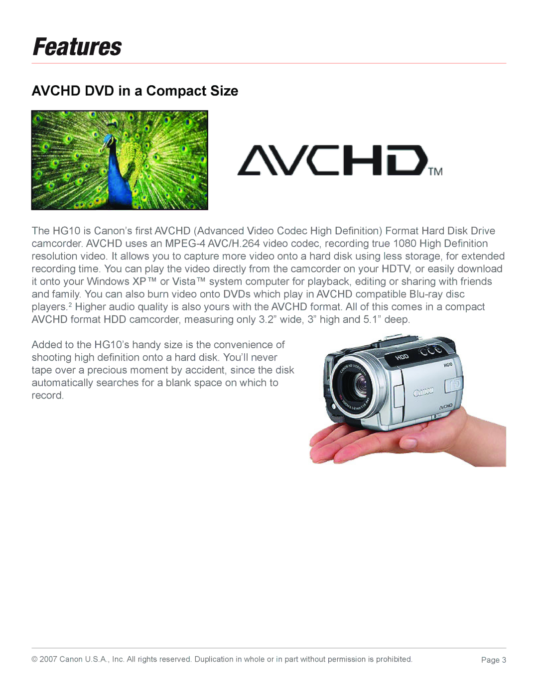 Canon 2183B001 manual Features, Avchd DVD in a Compact Size 