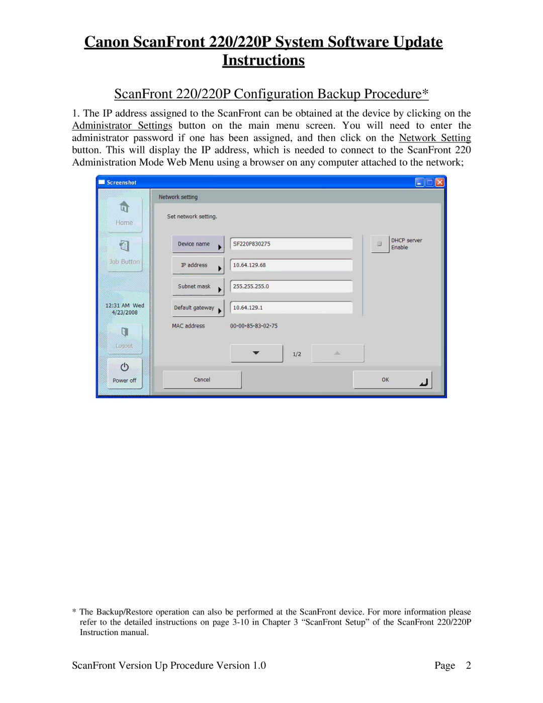 Canon manual ScanFront 220/220P Configuration Backup Procedure 