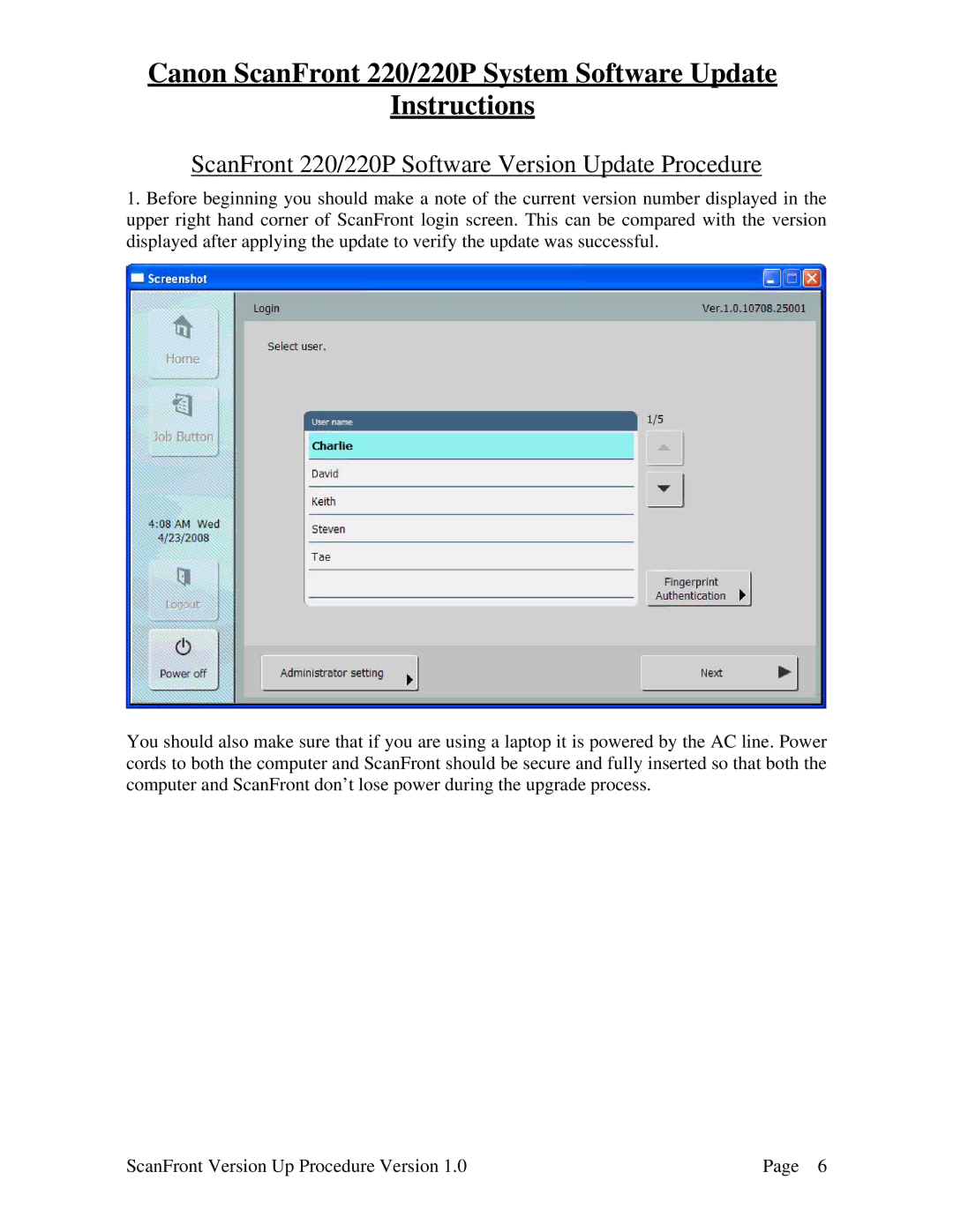 Canon manual ScanFront 220/220P Software Version Update Procedure 