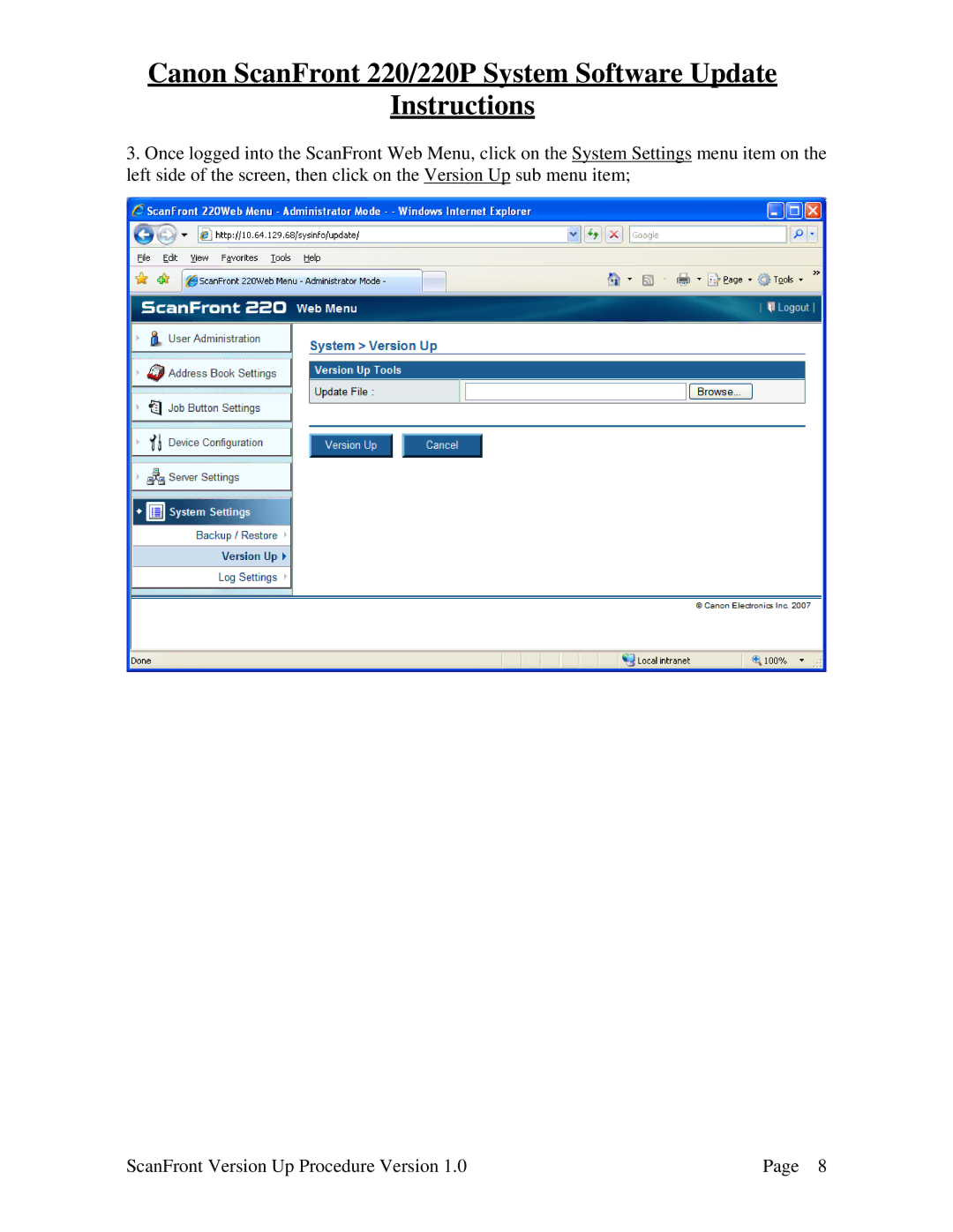 Canon manual Canon ScanFront 220/220P System Software Update Instructions 