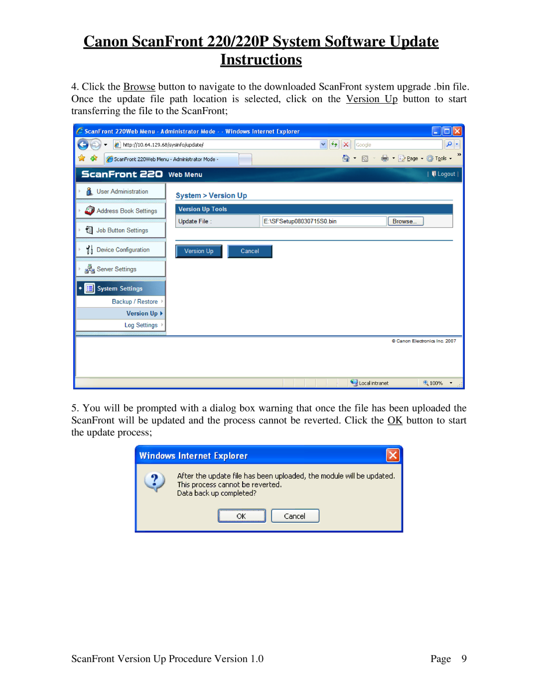 Canon manual Canon ScanFront 220/220P System Software Update Instructions 
