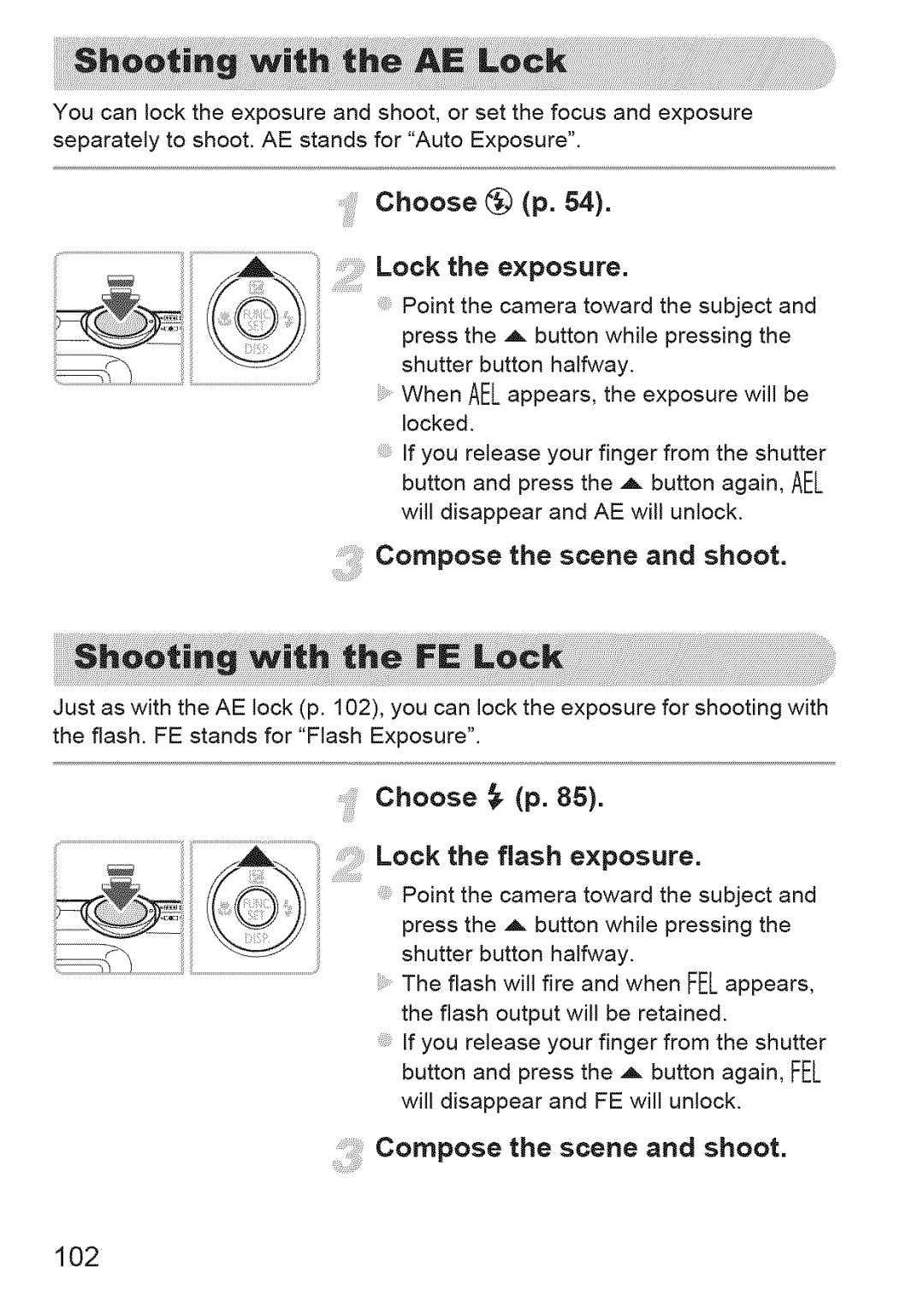 Canon 220 HS manual Choose p, Lock the exposure, Compose the scene and shoot, Composethesceneand shoot 102 