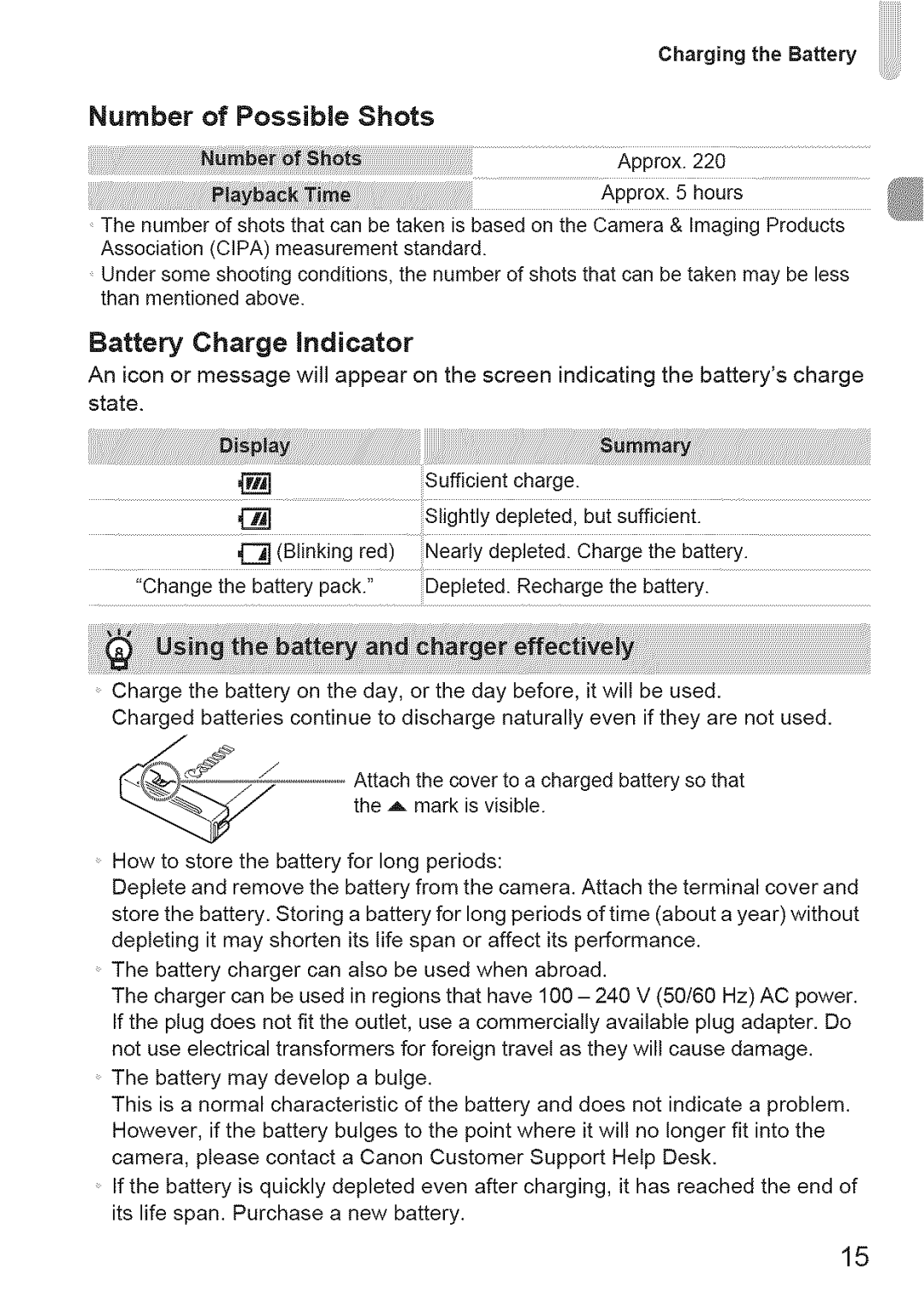 Canon 220 HS manual Number of Possible Shots, Battery Charge indicator 