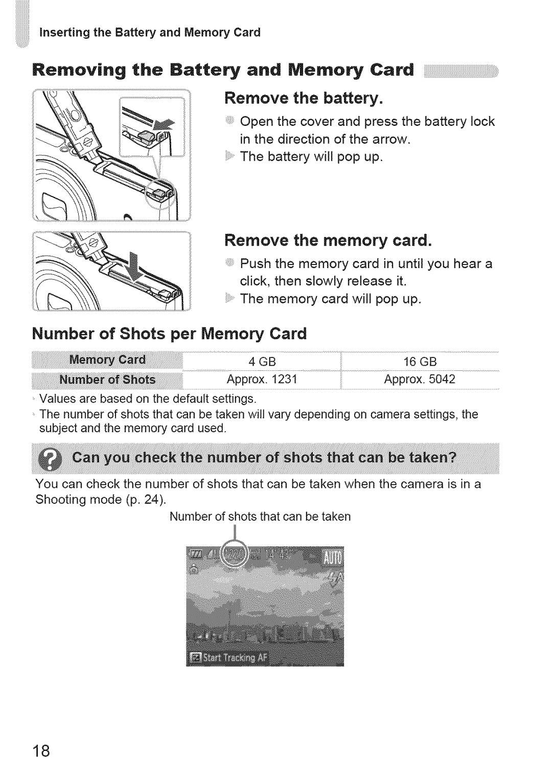 Canon 220 HS manual Remove the battery, Remove the memory card, Number of Shots per Memory Card 