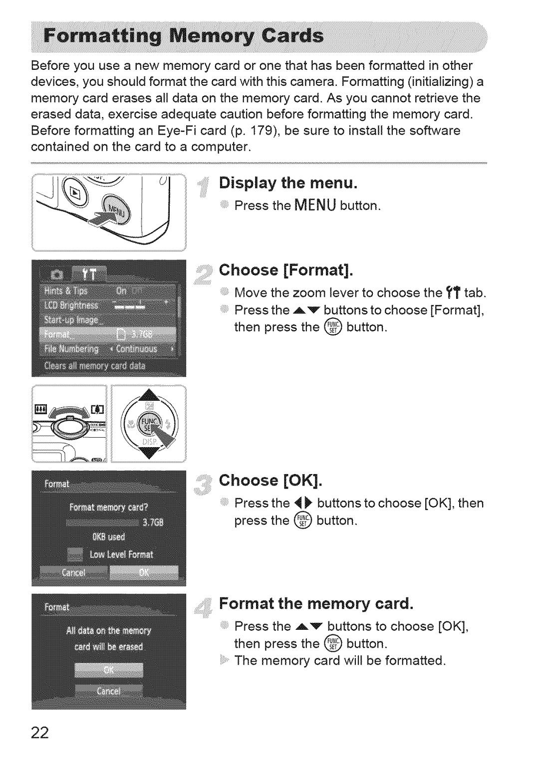 Canon 220 HS manual Choose OK, Format the memory card 