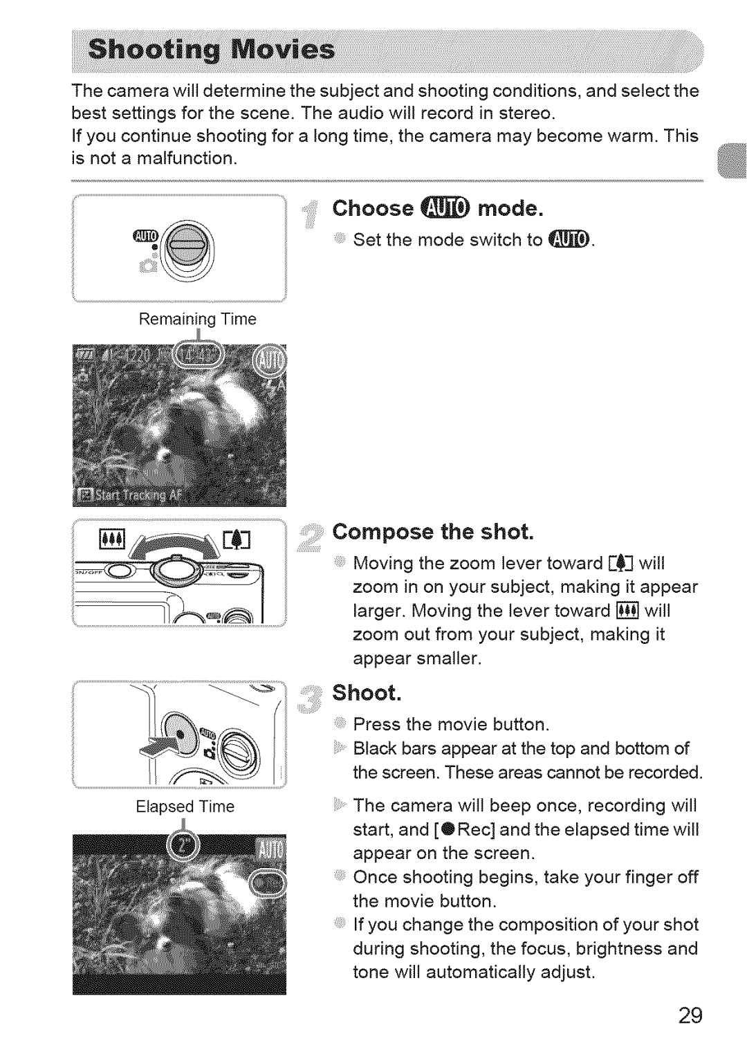 Canon 220 HS manual Shoot, Choose mode, Compose 