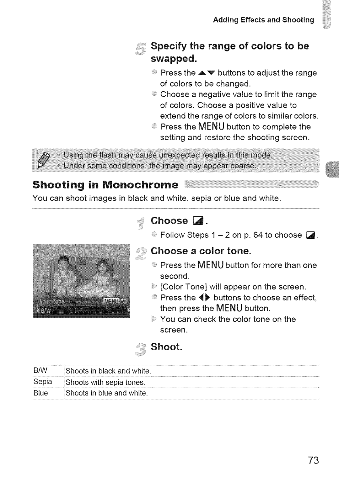 Canon 220 HS manual Chooseaco,ortone, Specify the range of colors to be, Swapped, Shooting in Monochrome 