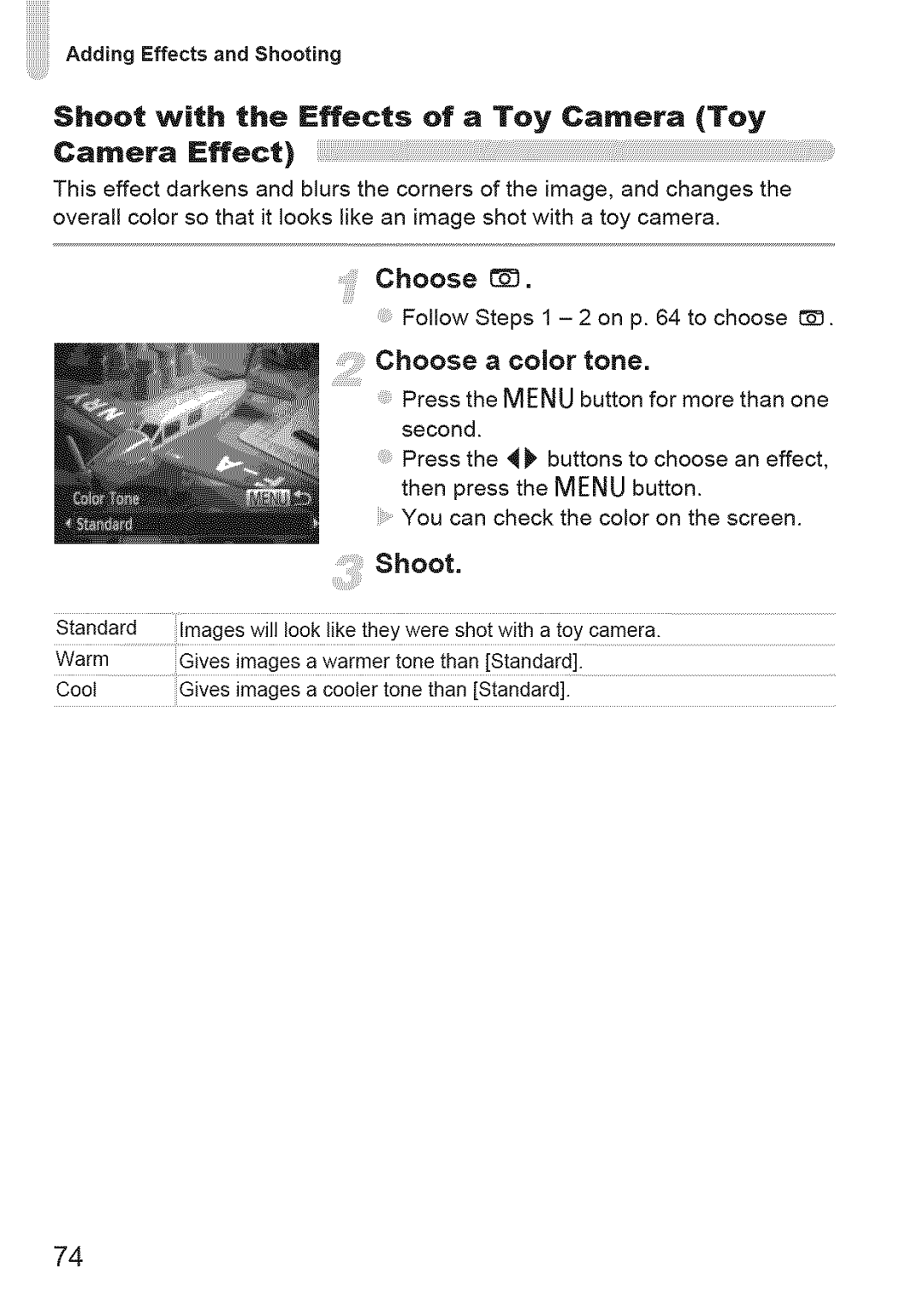Canon 220 HS manual Sheet with the Effects of a Toy Camera Toy, Choose a color tone 