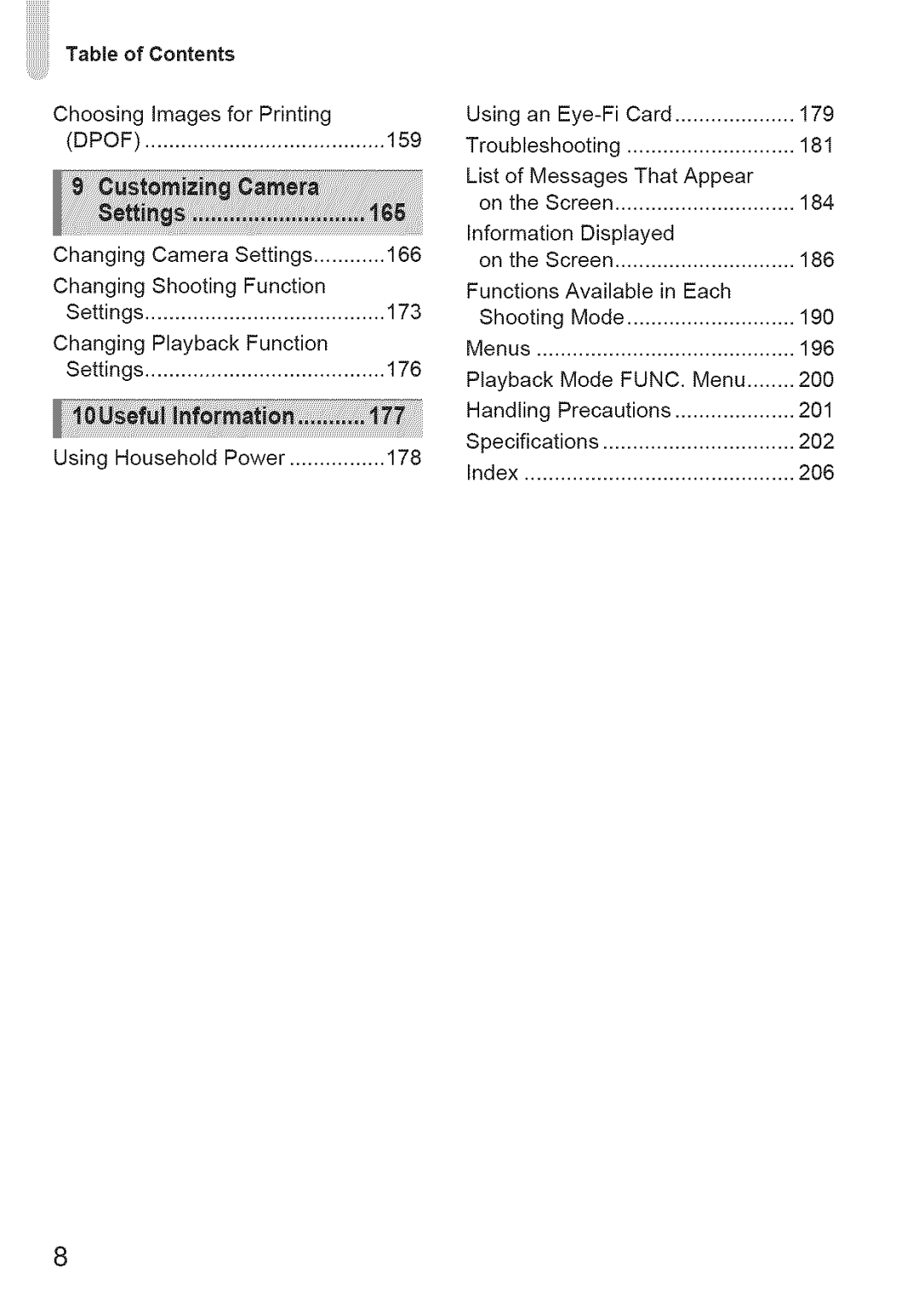 Canon 220 HS manual TableofContents 