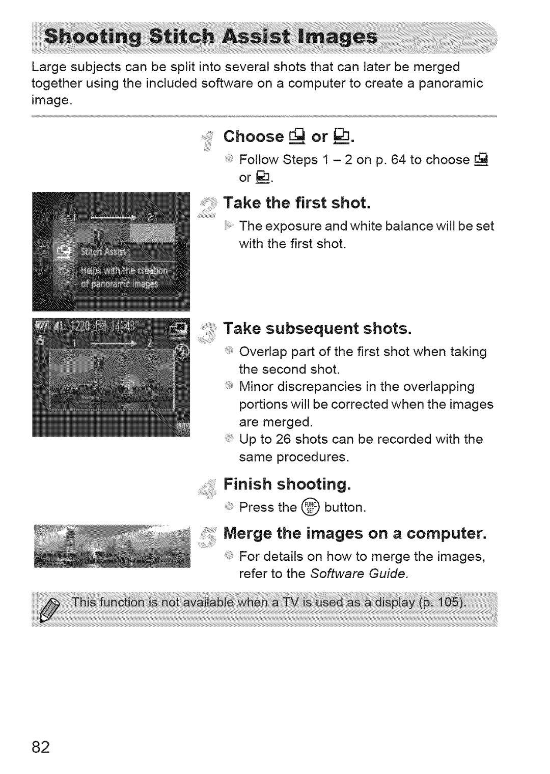 Canon 220 HS manual Take the first shot, Take subsequent shots, Finish shooting, Merge the images on a computer 