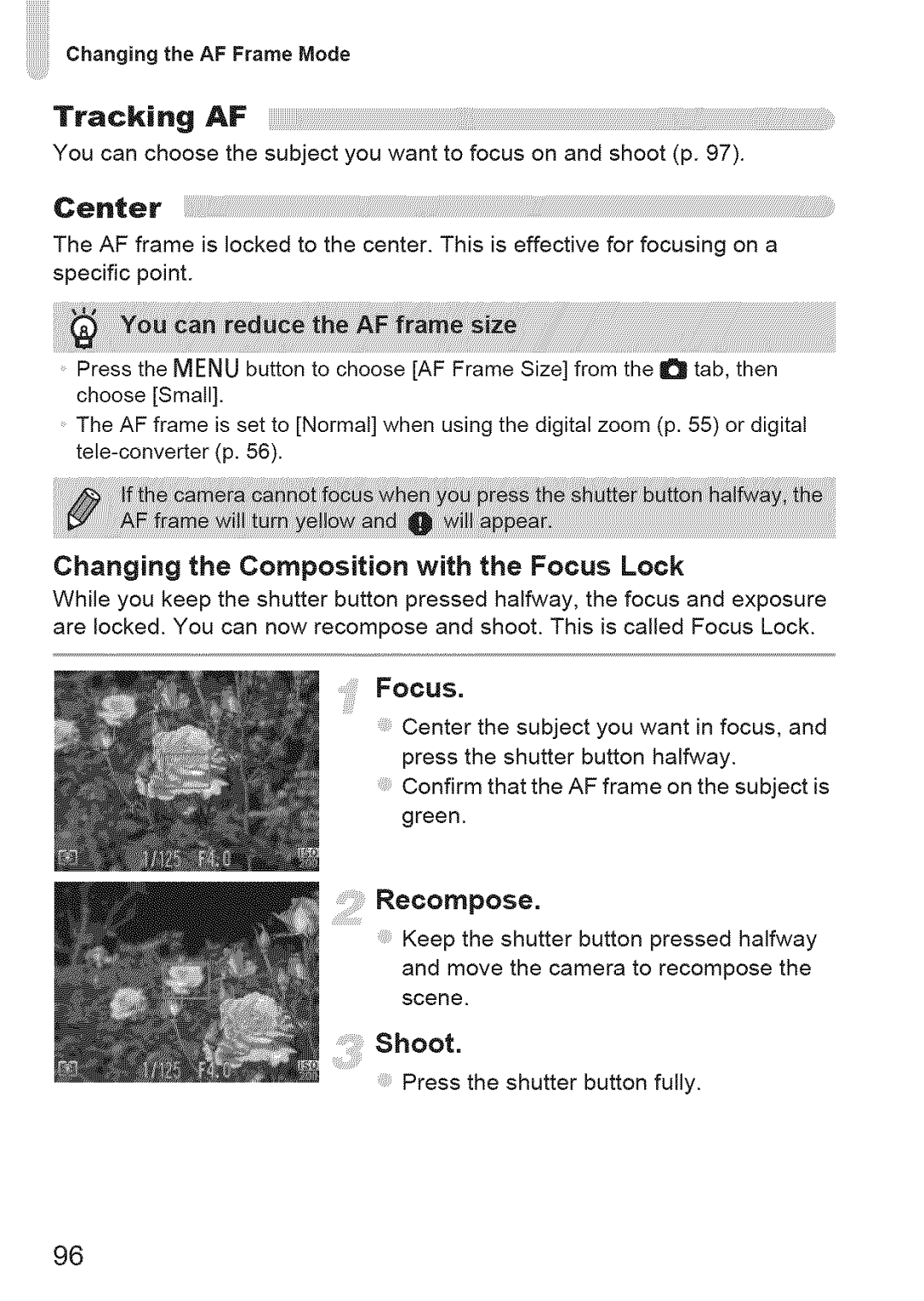 Canon 220 HS manual Tracking AF, Center, Changing the Composition with the Focus Lock, Recompose 