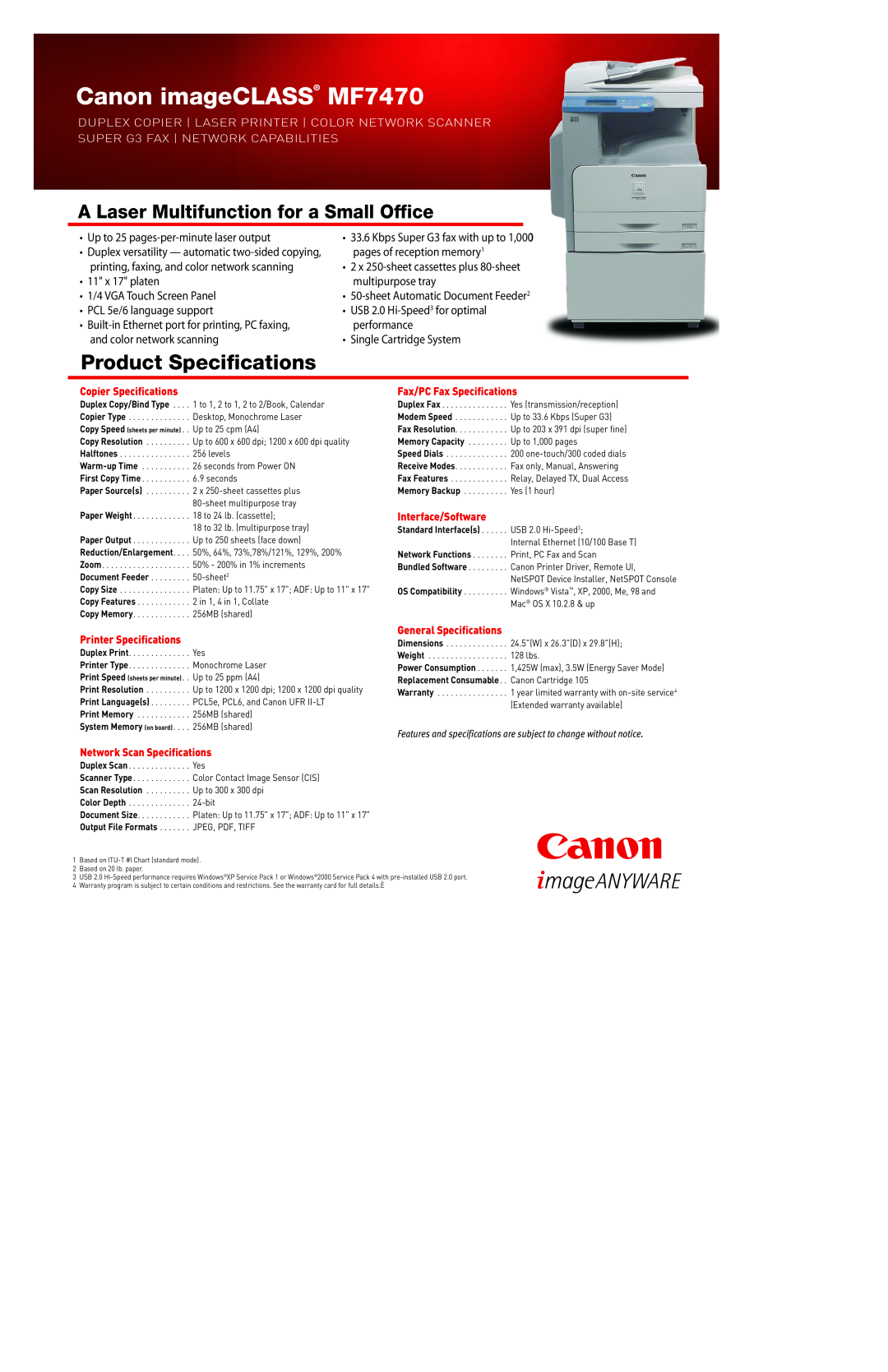 Canon 2237B007AA specifications Canon imageCLASS MF7470, Product Specifications, A Laser Multifunction for a Small Office 