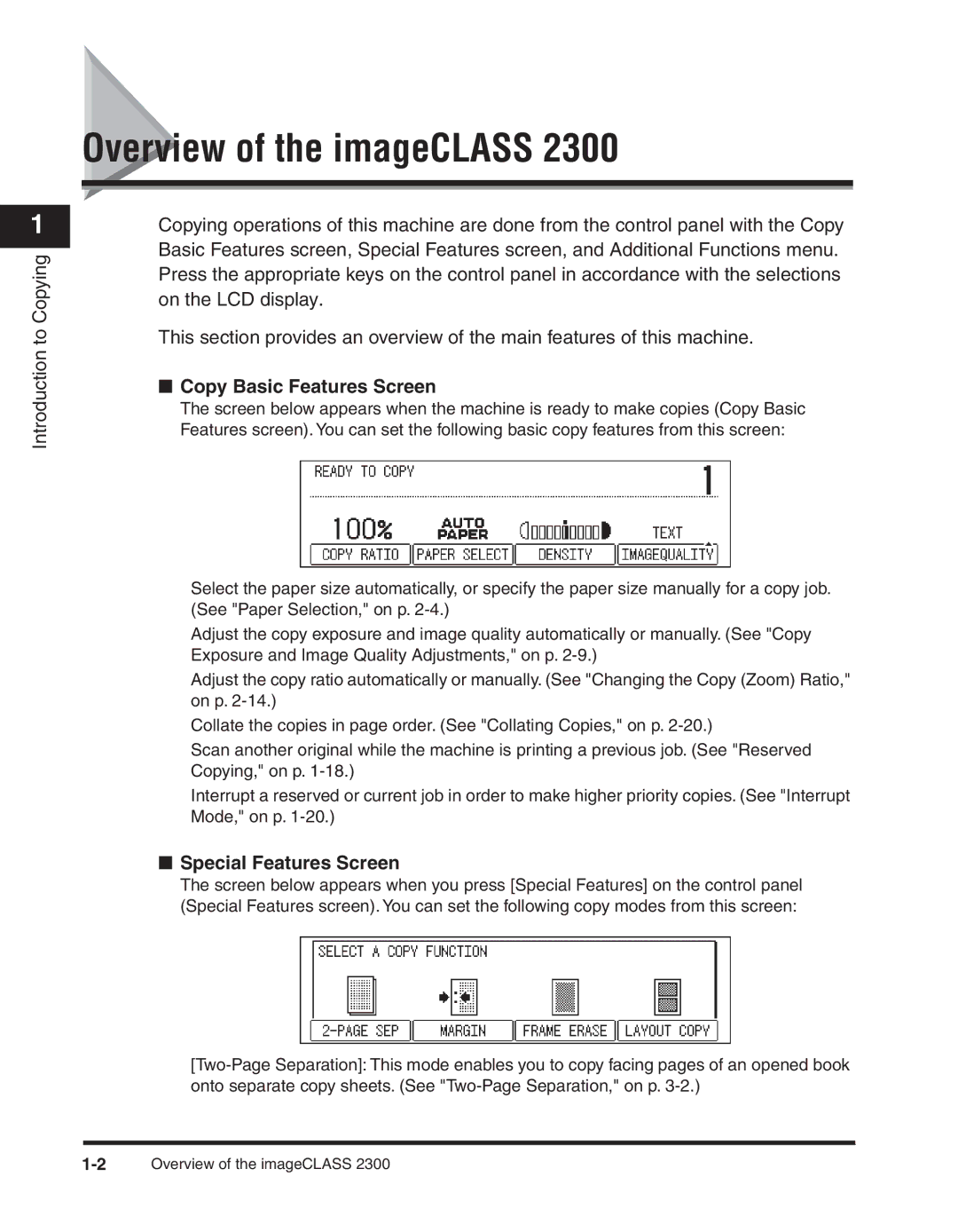 Canon 2300 manual Overview of the imageCLASS, Copy Basic Features Screen, Special Features Screen 