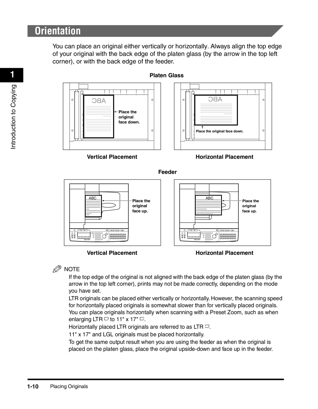 Canon 2300 manual Orientation, Platen Glass, Vertical Placement Horizontal Placement Feeder 