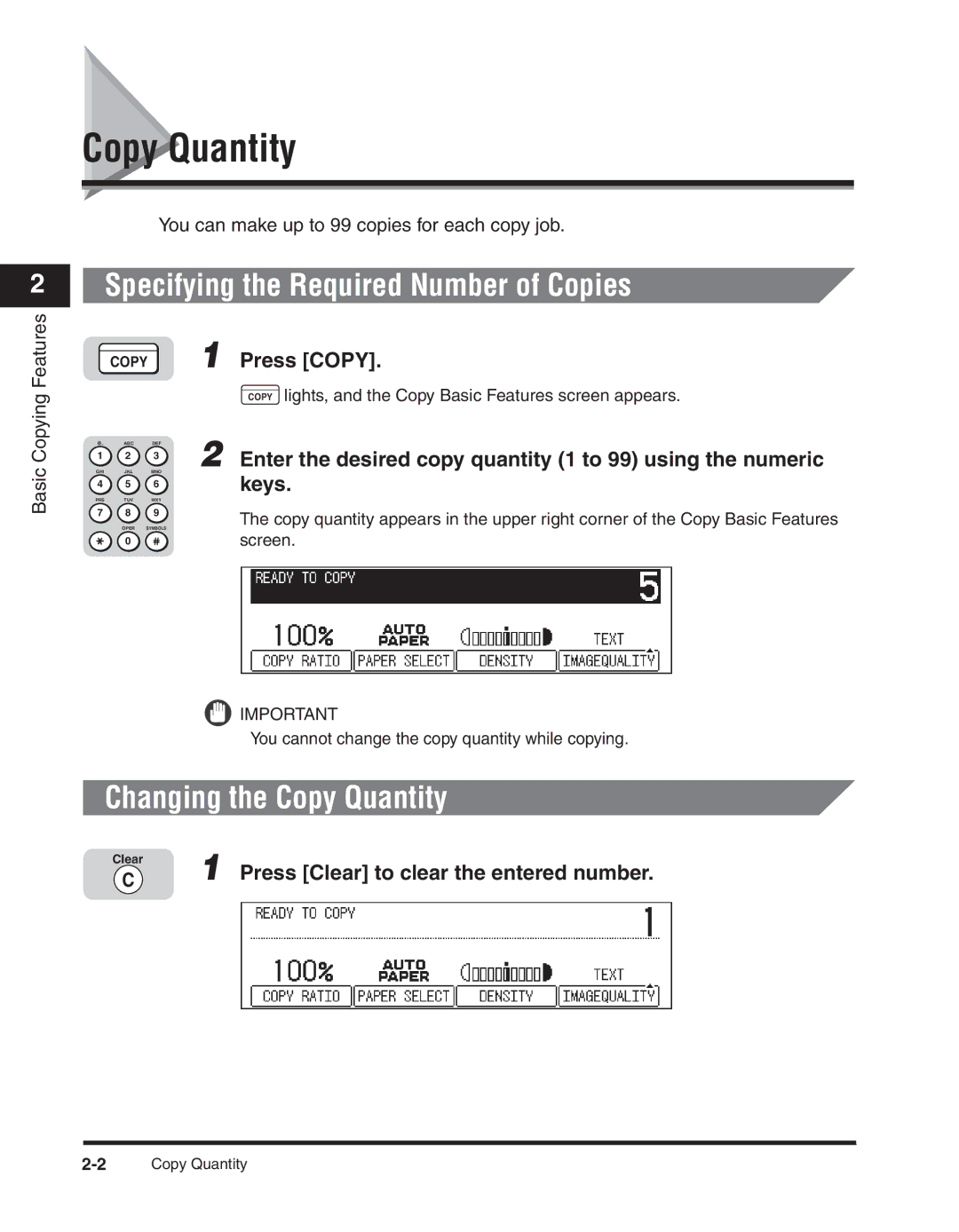 Canon 2300 manual Specifying the Required Number of Copies, Changing the Copy Quantity 